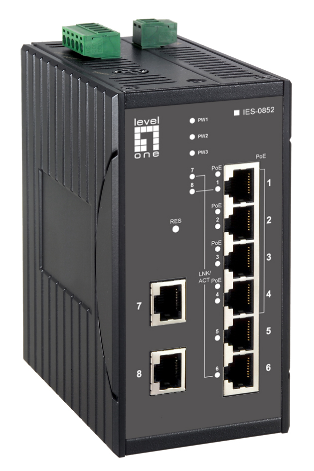 LevelOne 8-Port Web Smart Fast Ethernet PoE Industrial Switch, 802.3at/af PoE, 4 PoE Outputs, DIN-Rail – image 1