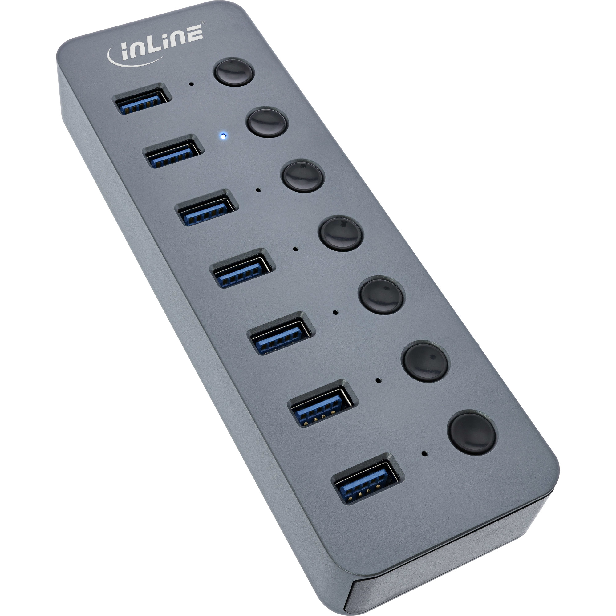 InLine USB 3.2 Gen.1 hub, 7-port, with switch, aluminium, grey, with PSU – image 1