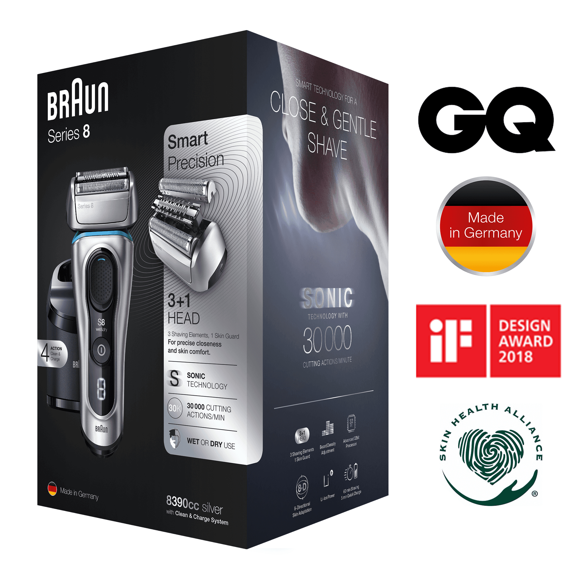 Braun Series 8 8390cc Next Generation Electric Shaver, Clean&Charge Station, Fabric Case, Silver – image 9
