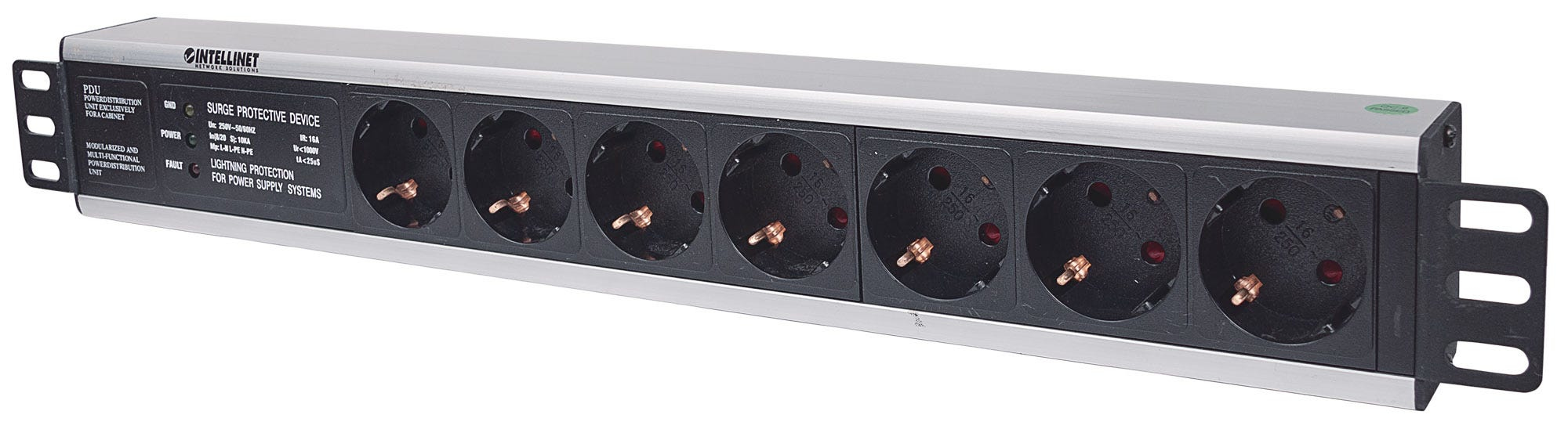 Intellinet 19" 1.5U Rackmount 7-Output Power Distribution Unit (PDU) EU CEE 7/3 Outlets, With Surge Protection, Built-in 3m Power Cord with EU CEE 7/4 Plug