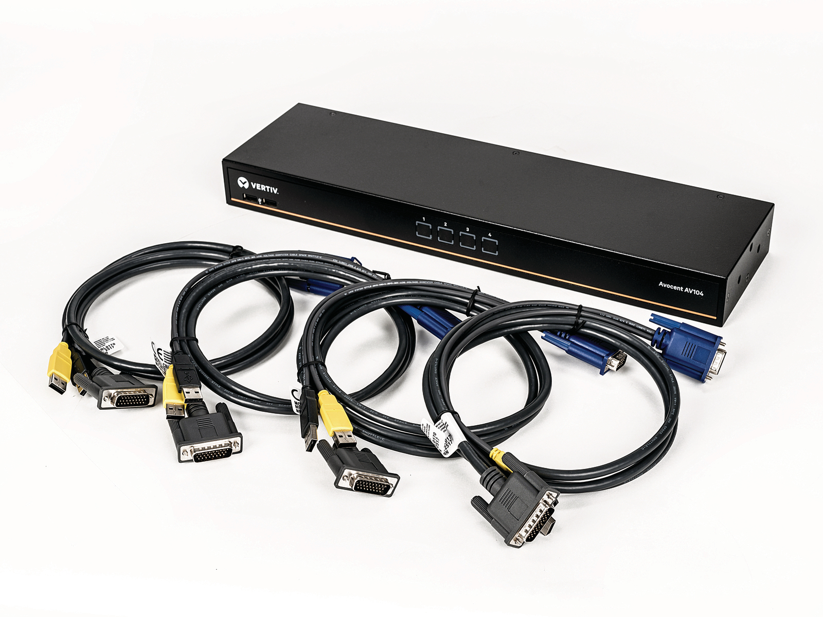 Vertiv Avocent 1x4 KVM switch with USB, push (touch) button switching, keystroke switching, cascade support, internal power supply, includes 4 CBL0170 cables – image 1