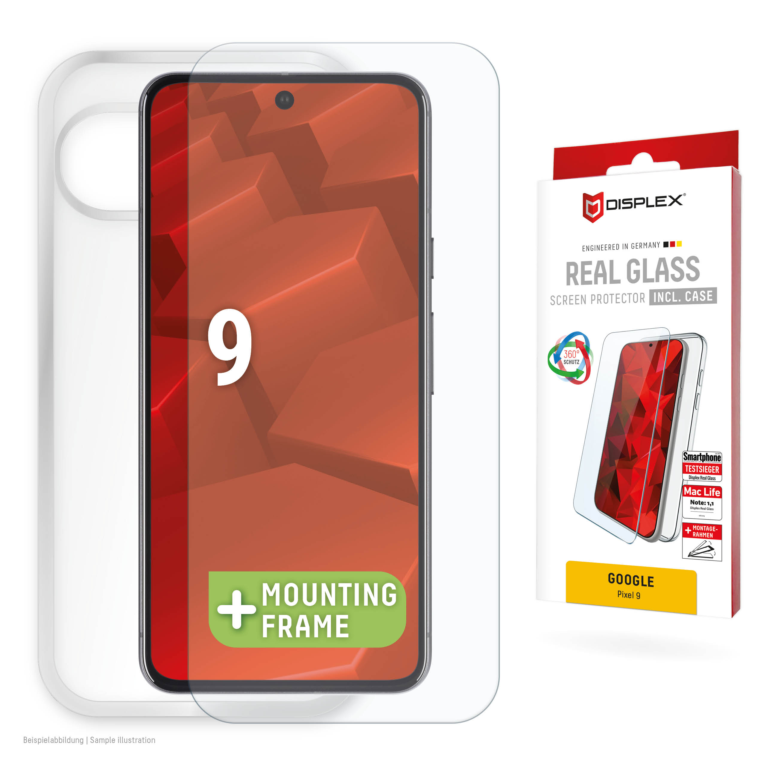 Displex Screen Protector + Case for Google Pixel 9, Eco Mounting Frame, scratch resistant