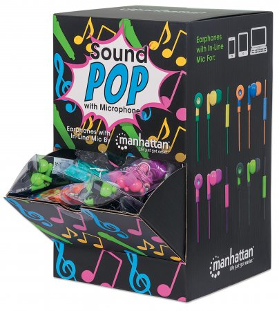 Manhattan x40 Earphones with In-Line Mic (Clearance Pricing), Counter Top Display Pack, x4 colour combinations: Teal/Yellow, Blue/Orange, Pink/Fuschia, Black/Gr – image 1