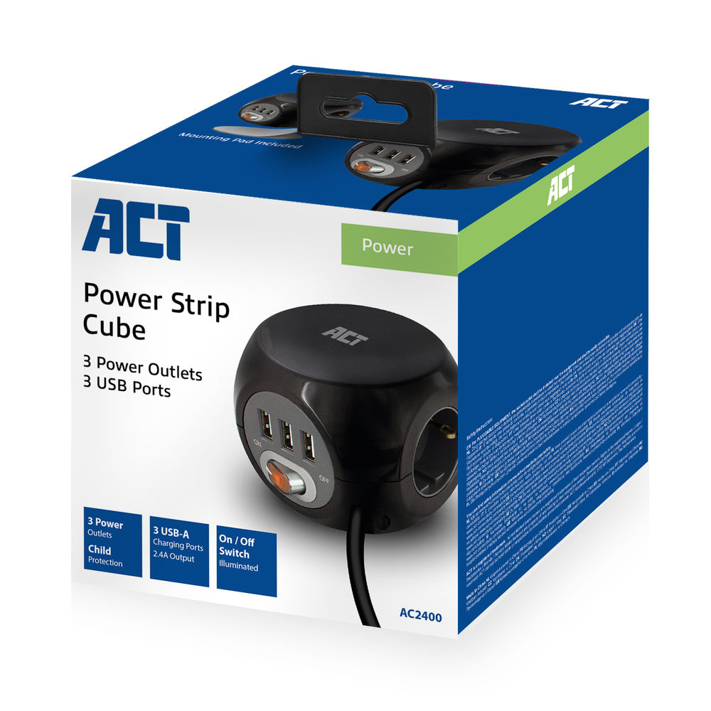ACT Power socket cube (PDU) with 3 sockets, USB-A ports, 1.5m – image 4