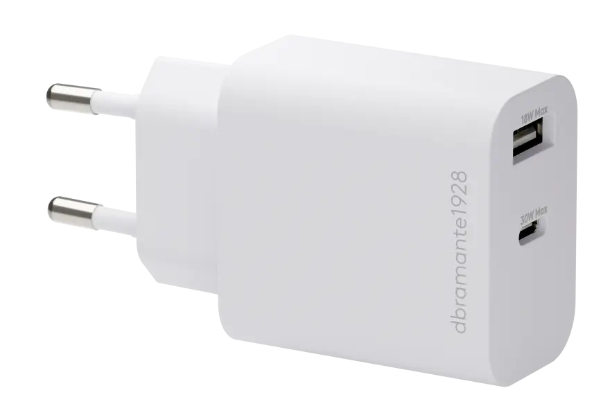 dbramante1928 re-charge - Power adapter - 18W - 30 Watt - 3 A - PD/PPS - 2 output connectors (USB-C, USB) - white - Europe