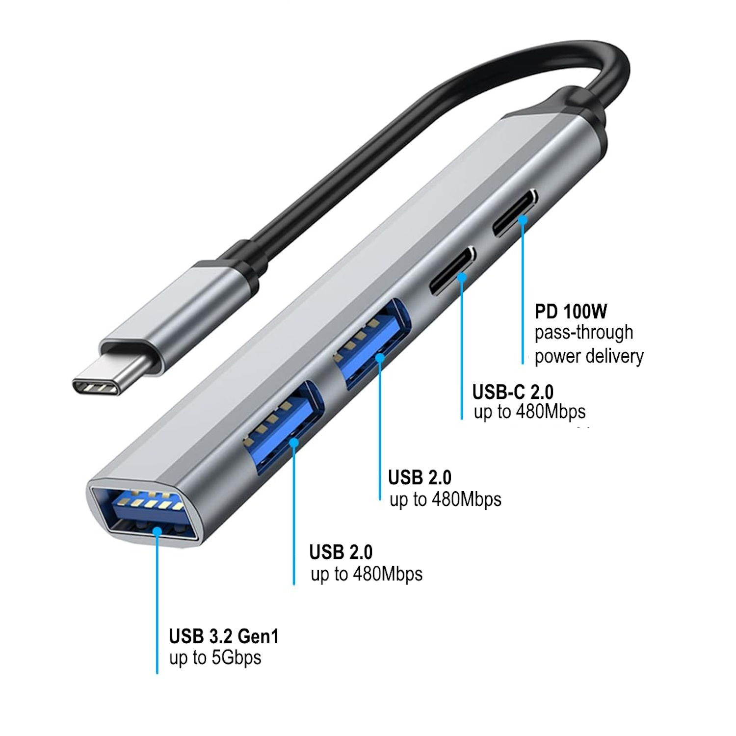 Ewent EW1149 interface hub USB 3.2 Gen 1 (3.1 Gen 1) Type-C 5000 Mbit/s Grey, Silver – image 2