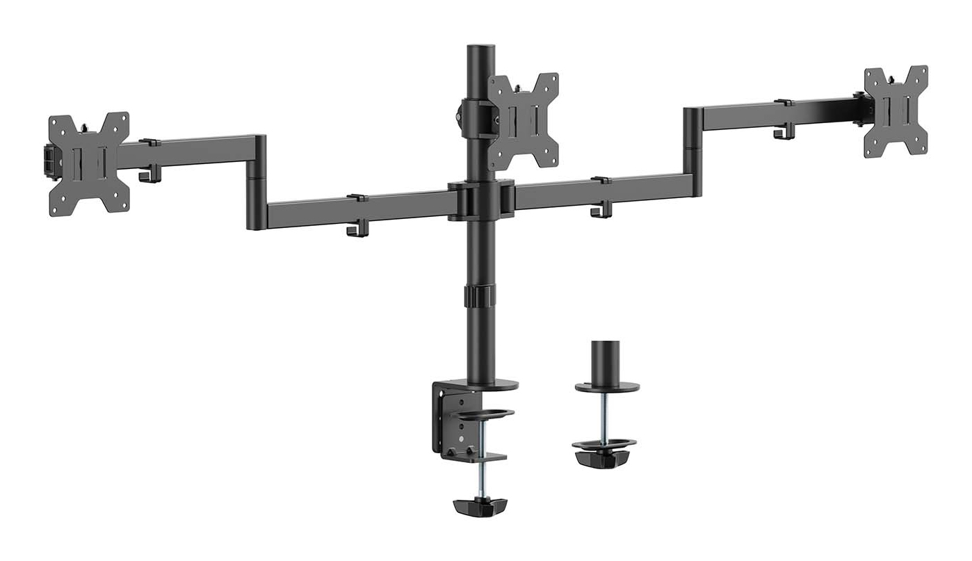 AISENS Soporte de mesa eco giratorio e inclinable para 3 monitores 10kg (3 Pivotes, 2 Brazos) de 13-27, Negro