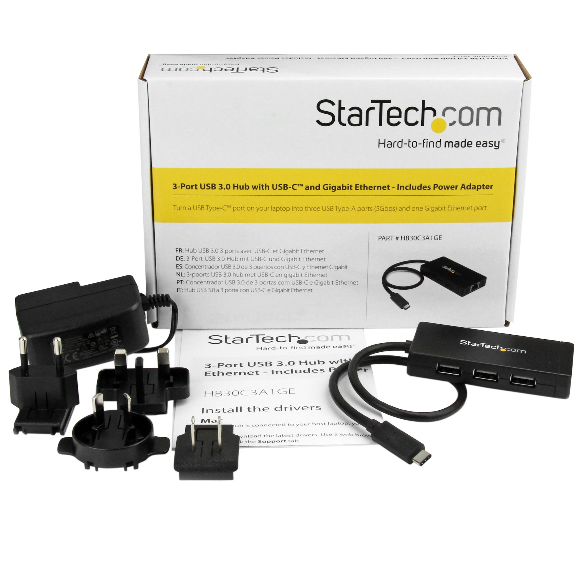 StarTech.com 3-Port USB-C Hub with Gigabit Ethernet - USB-C to 3x USB-A - USB 3.0 (5Gbps) - Includes Power Adapter - TAA – image 7
