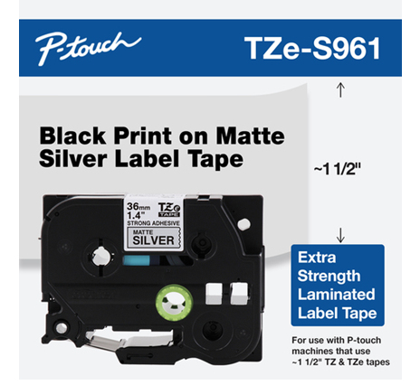 TZES961 Cinta Brother TZES951 Laminada Extra Resistente Texto Negro Sobre Fondo Plateado Mate 36mmx8m TZES961