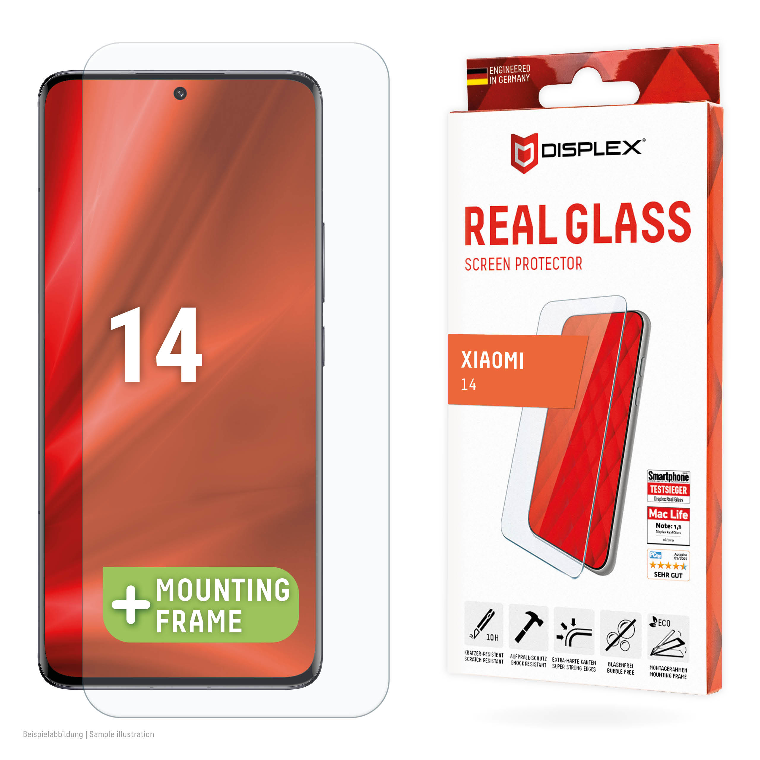 Displex Screen Protector (10H) for Xiaomi 14, Eco Mounting Frame, scratch resistant