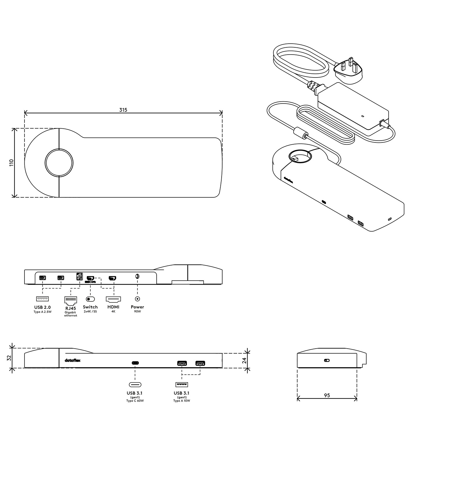Dataflex 58.900 laptop dock/port replicator Wired USB 3.2 Gen 1 (3.1 Gen 1) Type-C Aluminium – image 5