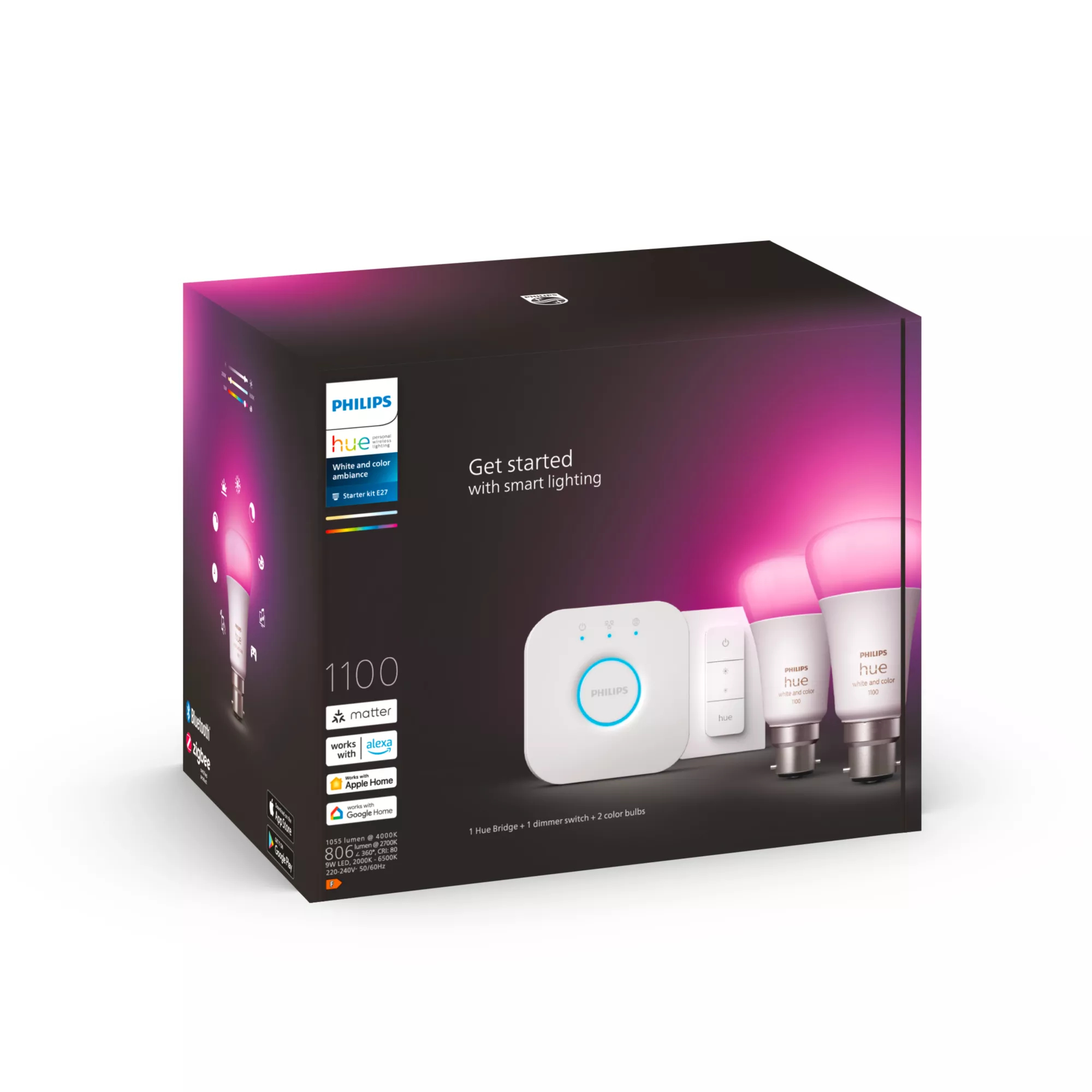 Philips by Signify Philips Hue White and colour ambience Starter kit: 2 B22 smart bulbs (1100) + dimmer switch – image 3