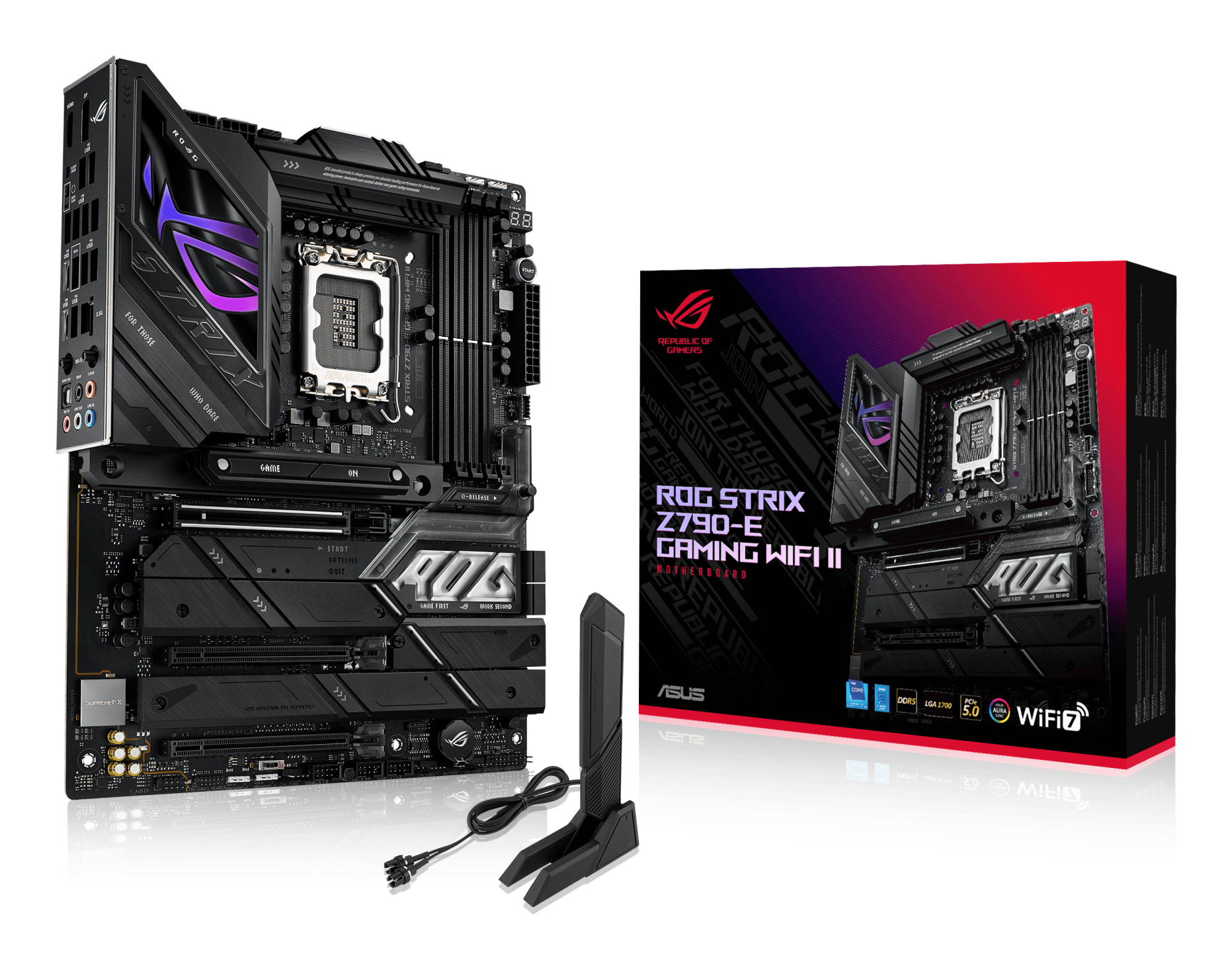 ASUS ROG STRIX Z790-E GAMING WIFI II LGA1700 ATX gaming MB - Intel Z790 4xDIMM DDR5 5xM.2 4xSATA PCIe 5.0 2.5Gb Ethernet WiFi 6E + Bluetooth 1xDisplayPort 1x HDMI with Aura Sync support