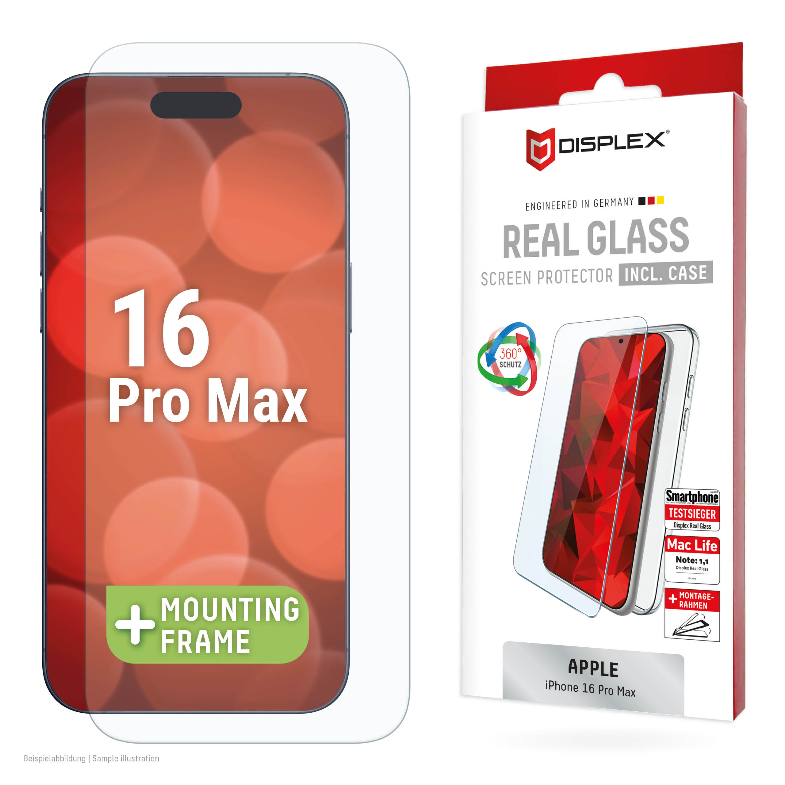 Displex Screen Protector + Case for Apple iPhone 16 Pro Max, Eco Mounting Frame, scratch resistant