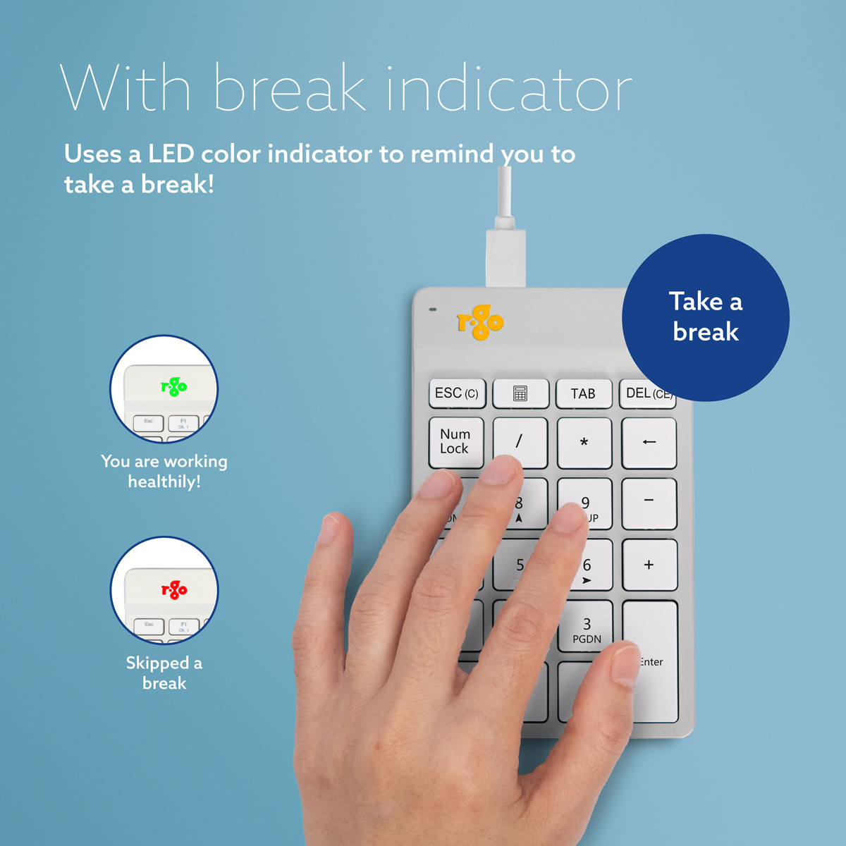R-Go Tools Numeric keypad R-Go Numpad Break, ergonomic numeric keypad with break software, wired, white – image 5