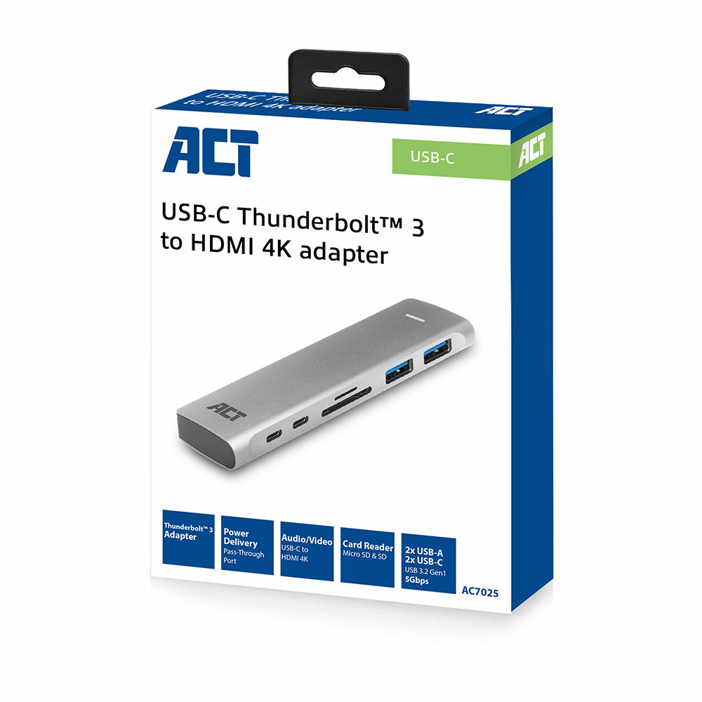 ACT USB-C Thunderbolt™ 3 multiport adapter for 1 HDMI monitor, 2x USB-A, 1x USB-C, card reader, PD pass-through – image 7