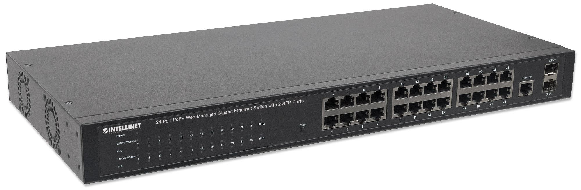 Intellinet 24-Port Gigabit Ethernet PoE+ Web-Managed Switch with 2 SFP Ports, 24 x PoE ports, IEEE 802.3at/af Power over Ethernet (PoE+/PoE), 2 x SFP, Endspan, – image 2