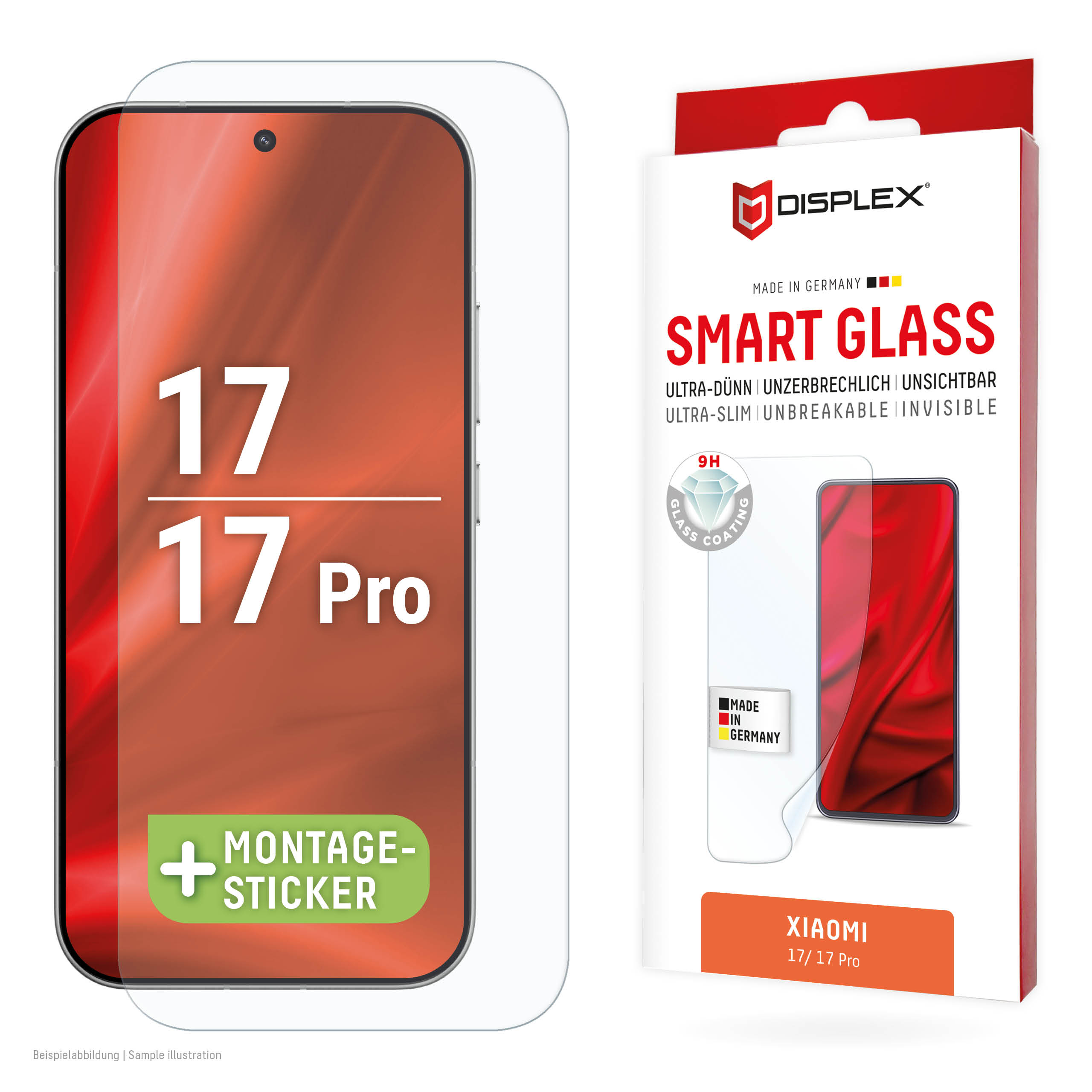 Displex Smart Glass (9H) for Xiaomi 17/17 Pro, Mounting Sticker, unbreakable