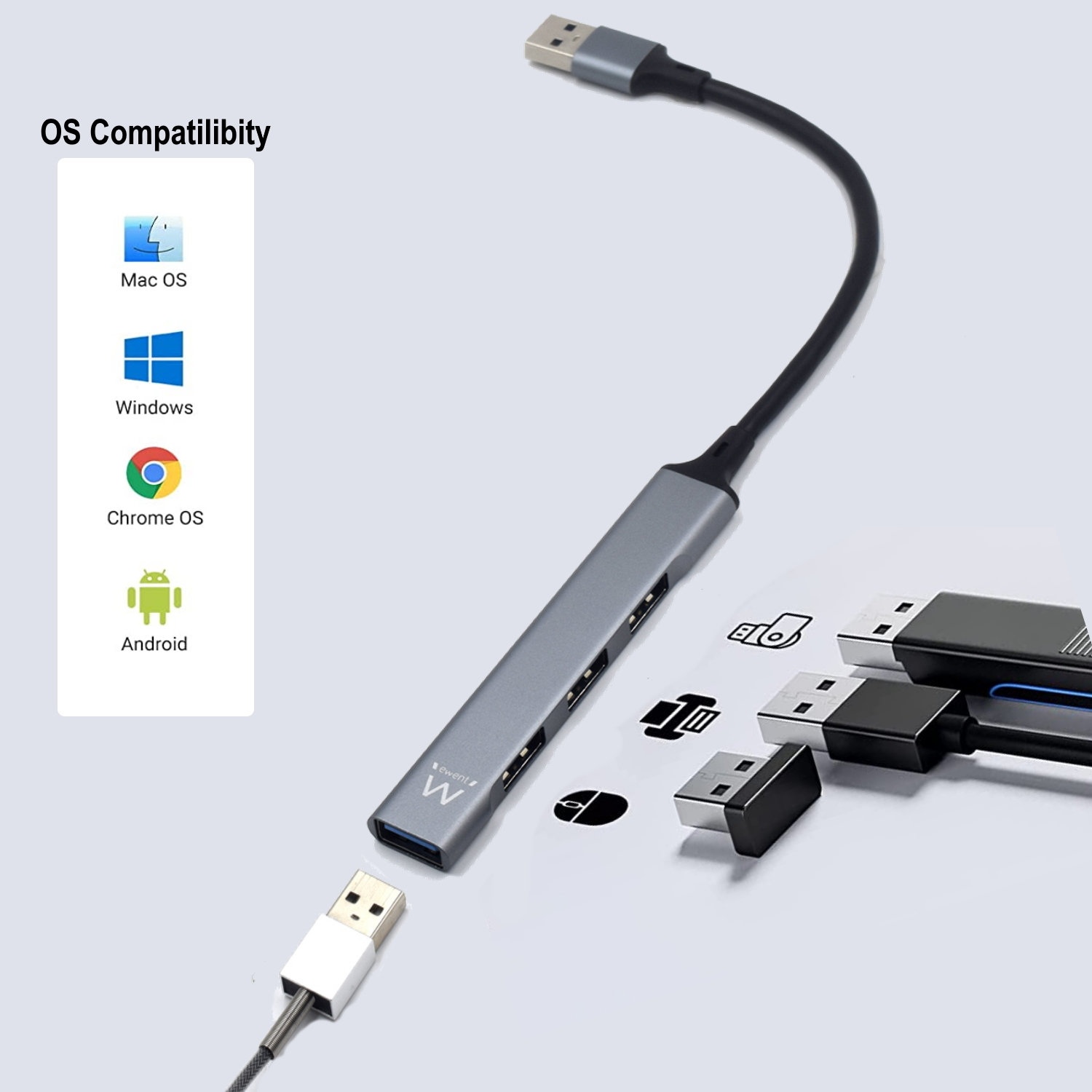 Ewent EW1144 interface hub USB 3.2 Gen 1 (3.1 Gen 1) Type-A 5000 Mbit/s Grey, Silver – image 4