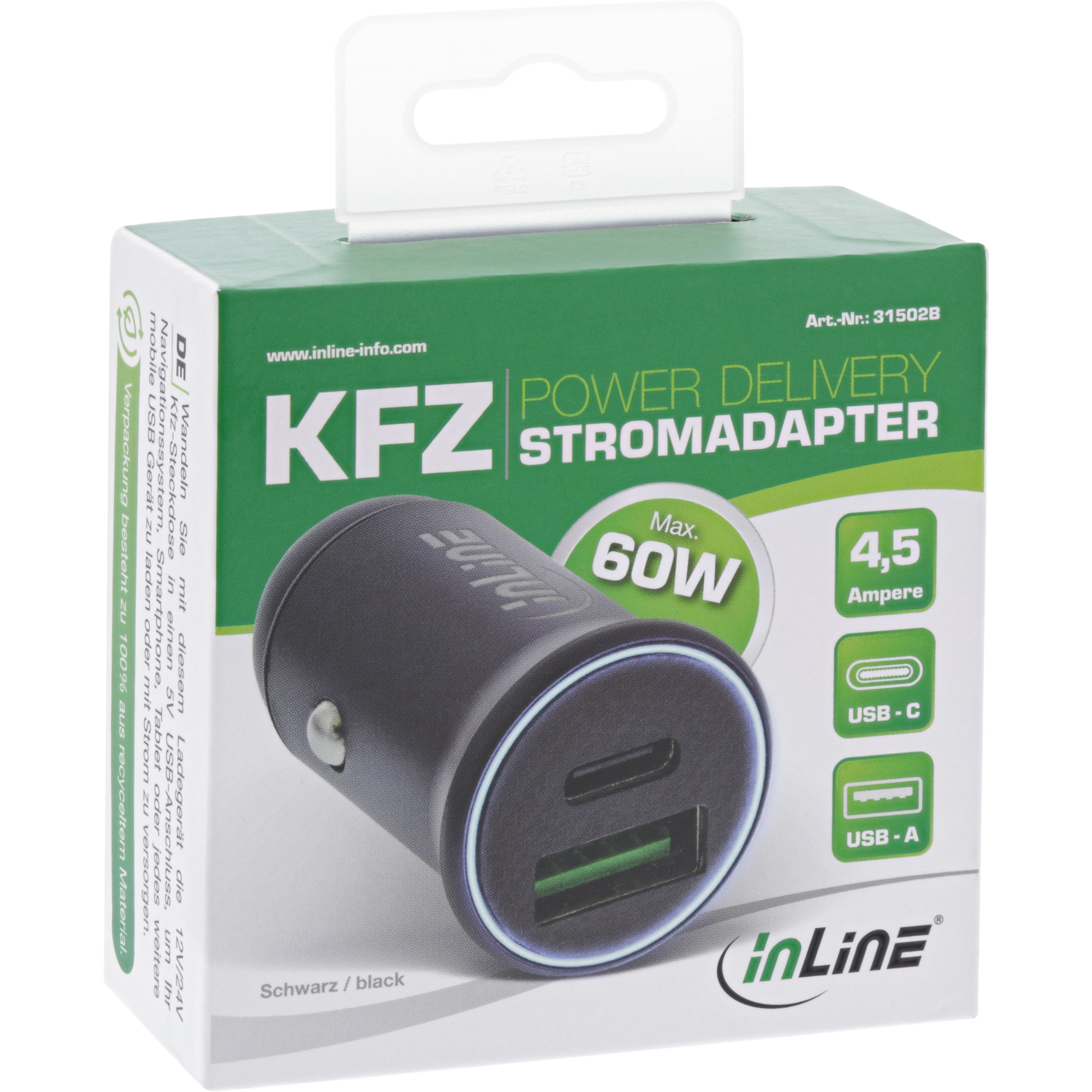 InLine USB car charger power-adapter power delivery, USB-A + USB-C, black – image 3
