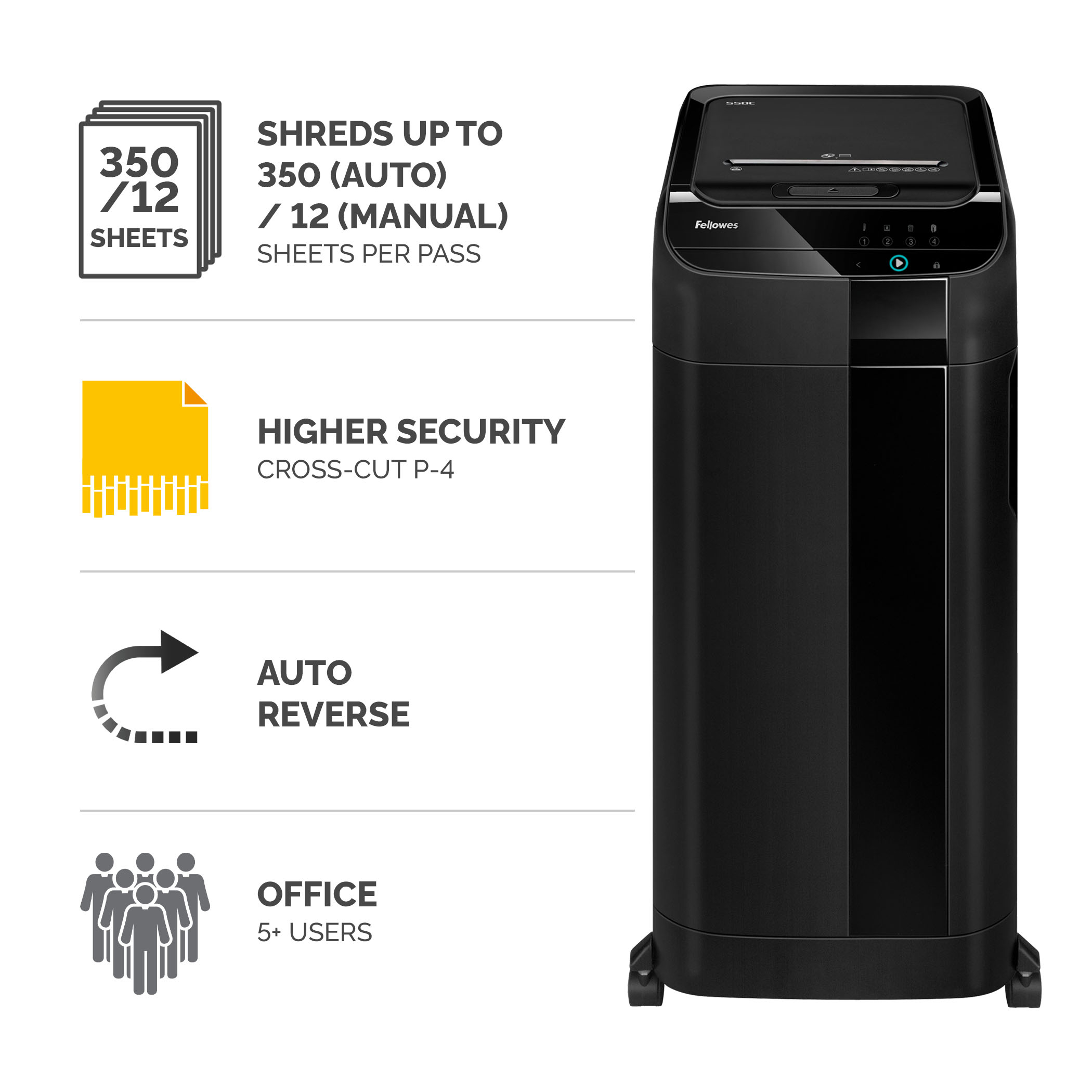 صورة Fellowes AutoMax 350C 350 ورقة آلي التغذية تمزيق متقاطع مع سلة 68 لتر، مستوى الأمان P4