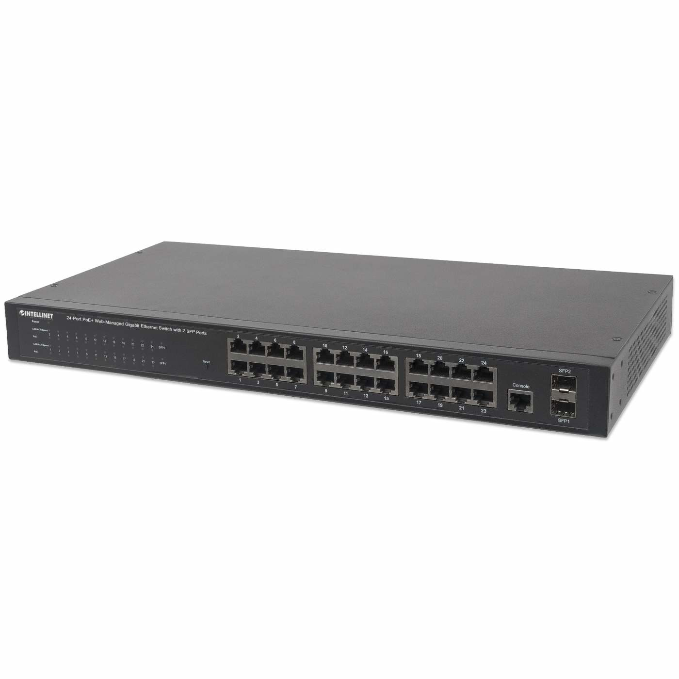 Intellinet 24-Port Gigabit Ethernet PoE+ Web-Managed Switch with 2 SFP Ports, 24 x PoE ports, IEEE 802.3at/af Power over Ethernet (PoE+/PoE), 2 x SFP, Endspan,