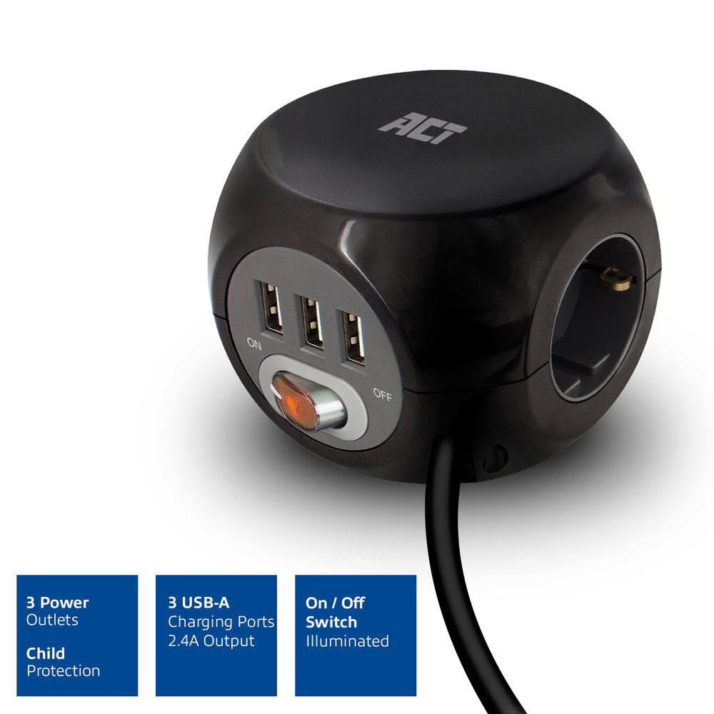 ACT Power socket cube (PDU) with 3 sockets, USB-A ports, 1.5m – image 7