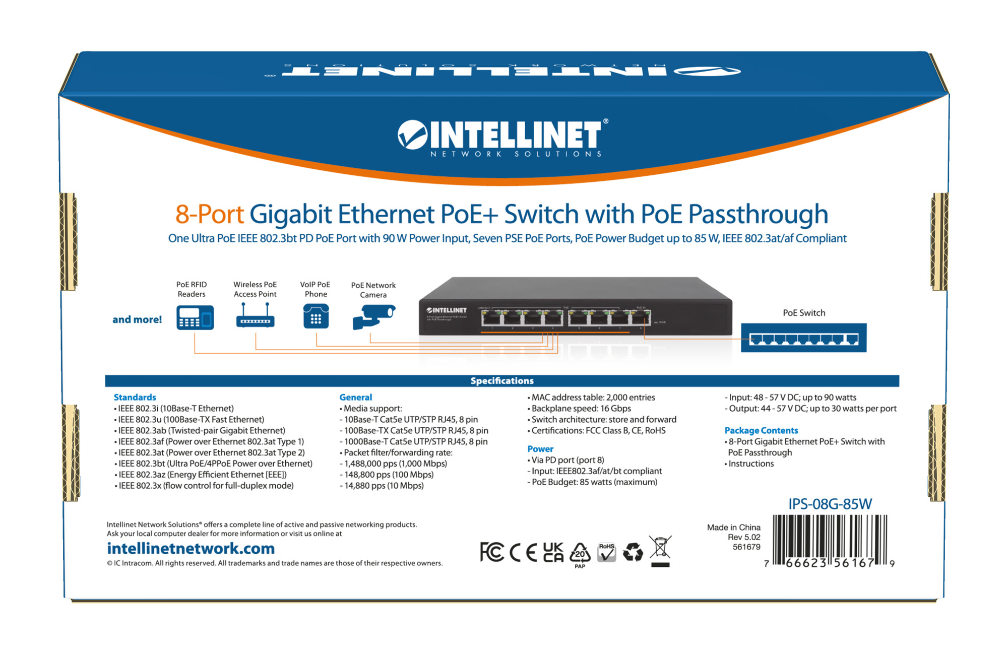Intellinet 8-Port Gigabit Ethernet PoE+ Switch with PoE Passthrough, 1x Ultra PoE++ IEEE 802.3bt (4PPoE) PD PoE Port with – image 9