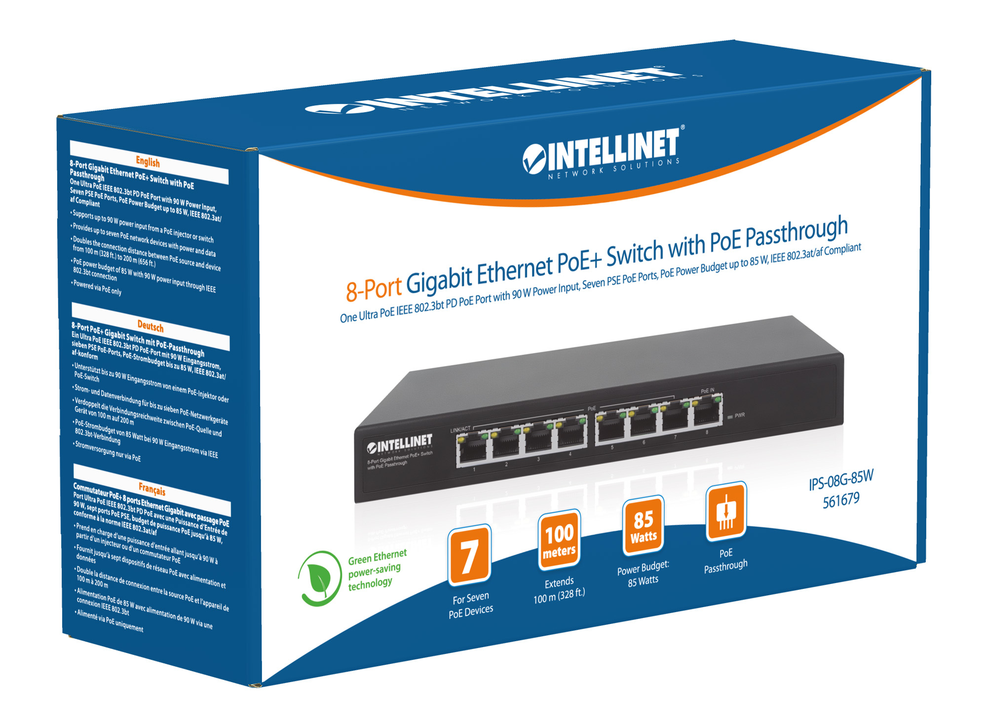 Intellinet 8-Port Gigabit Ethernet PoE+ Switch with PoE Passthrough, 1x Ultra PoE++ IEEE 802.3bt (4PPoE) PD PoE Port with – image 7