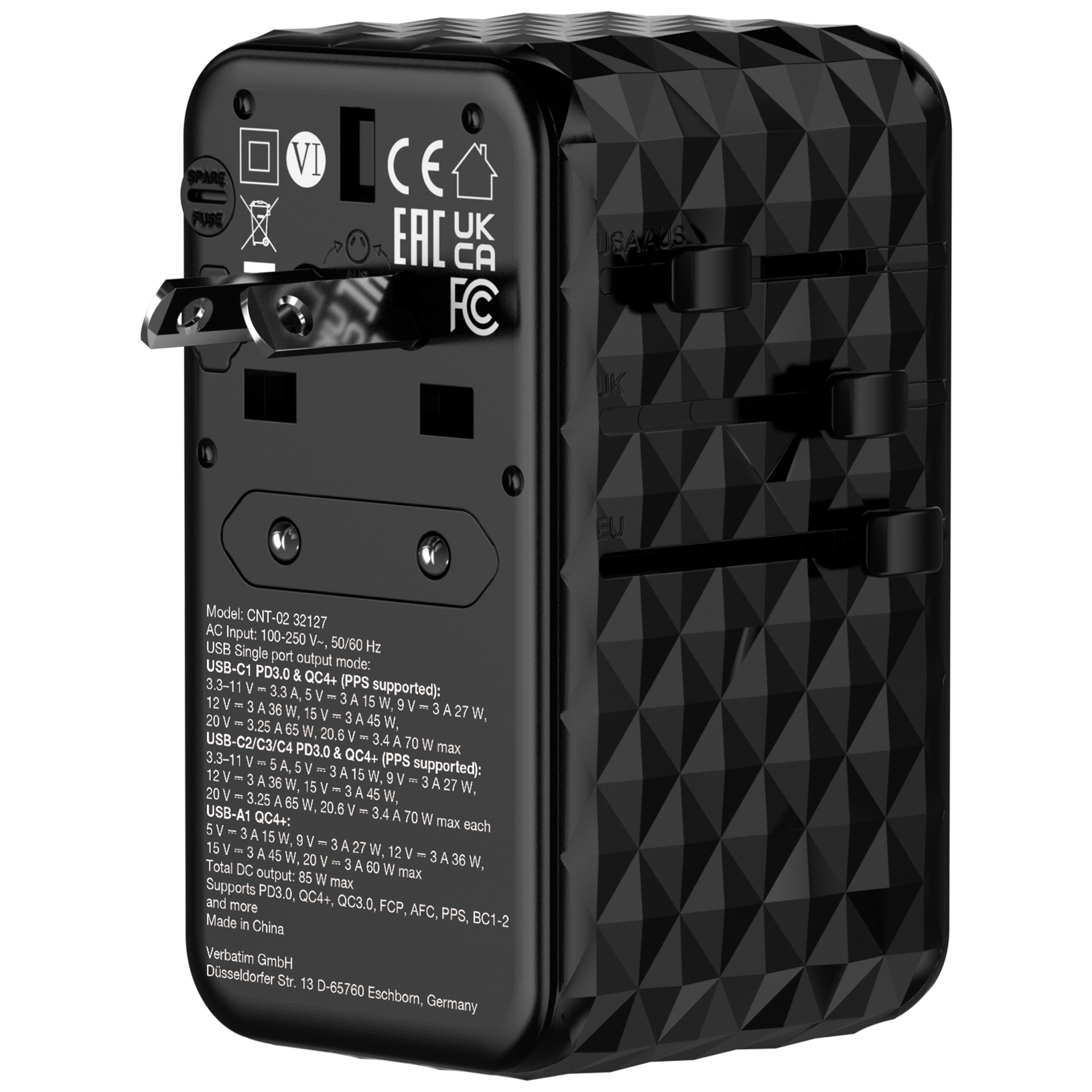 Resim Verbatim Charge 'n' Travel Diamond 85W CNT-02 AC Şarj Cihazı, 1x USB 2.0, 3x USB Type-C, Siyah
