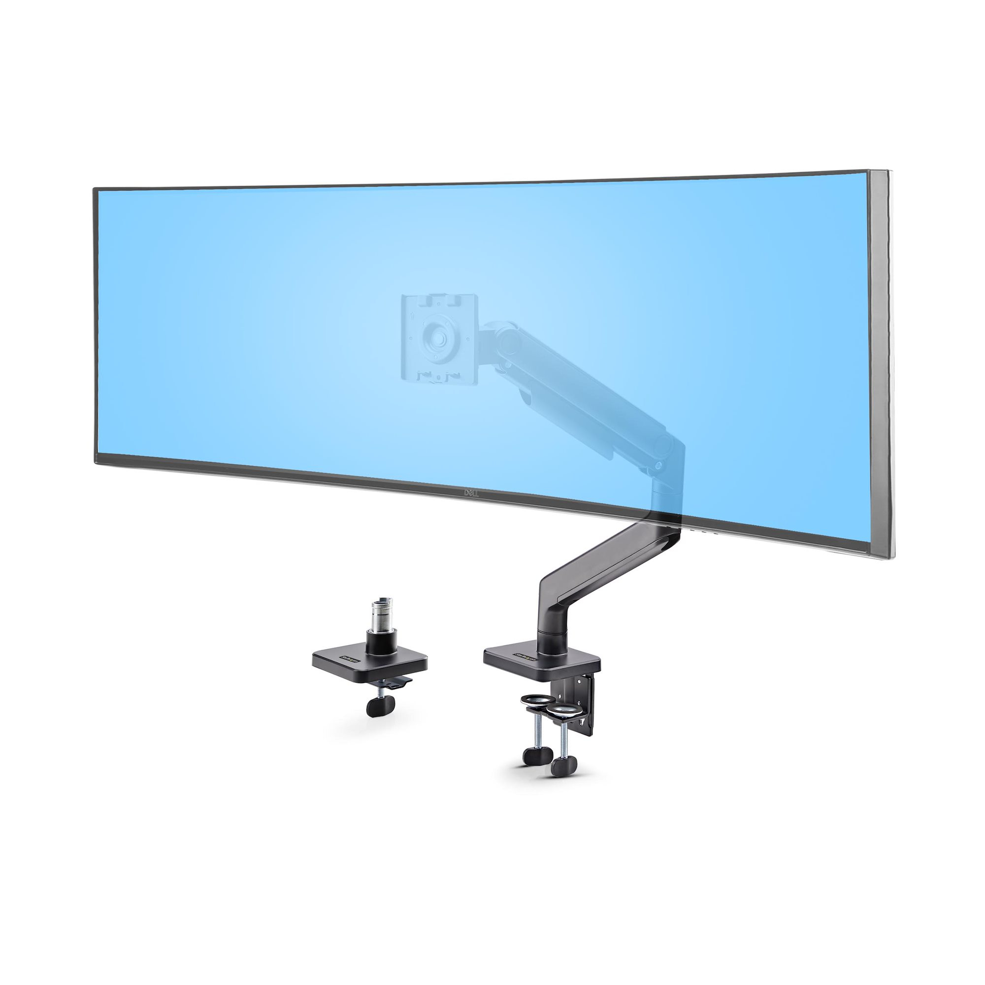 StarTech.com Monitor Desk Mount For 49" Ultrawide Curved Screen, Max 44lb - Mounting kit (spring arm, swivel arm, base, VESA mount, C-clamp mount 10-80 mm, grommet mount 10-35 mm) - adjustable arm with mechanical spring - for LCD display/ curved LCD display - aluminium, steel, plastic - black - screen size: up to 49" (ultra-wide) - desk-mountable