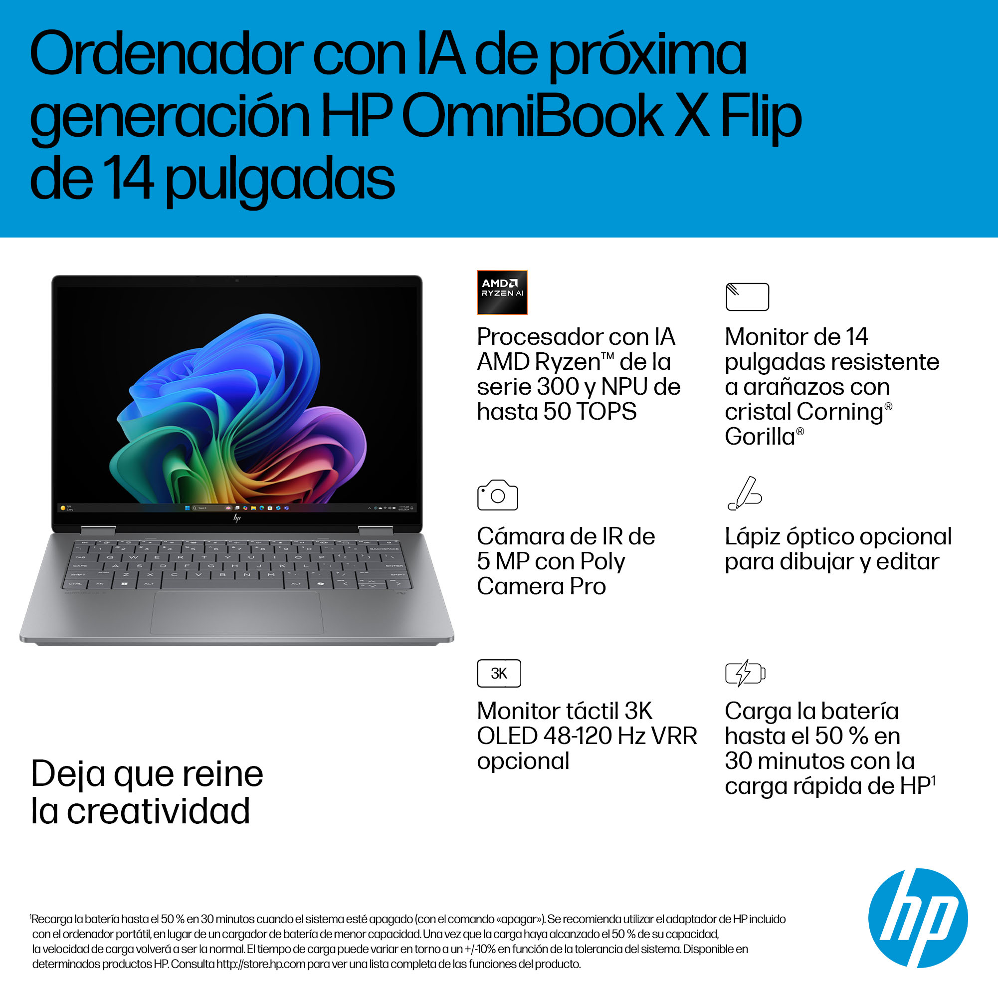 Convertible 2 en 1 - HP OmniBook X 14-fk0002ns Copilot+ PC, 50 TOPS, 14 ", 3K, AMD Ryzen™ AI 7 350, 32GB RAM, 1TB SSD, Radeon™ 860M, W11 H, Plata - imagen 6