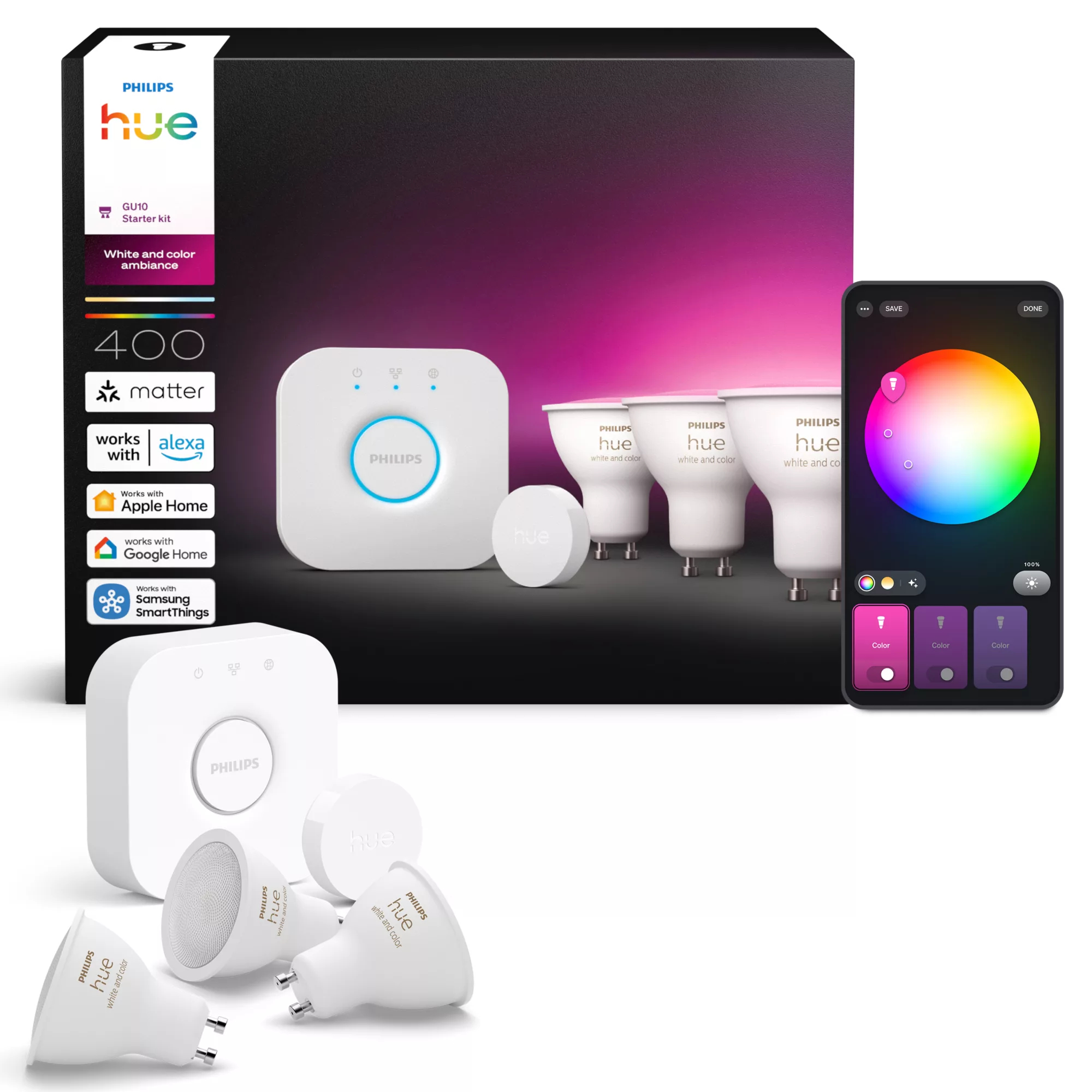 Philips by Signify Philips Hue White and colour ambience Starter kit: 3 GU10 smart spotlights + smart button – image 2