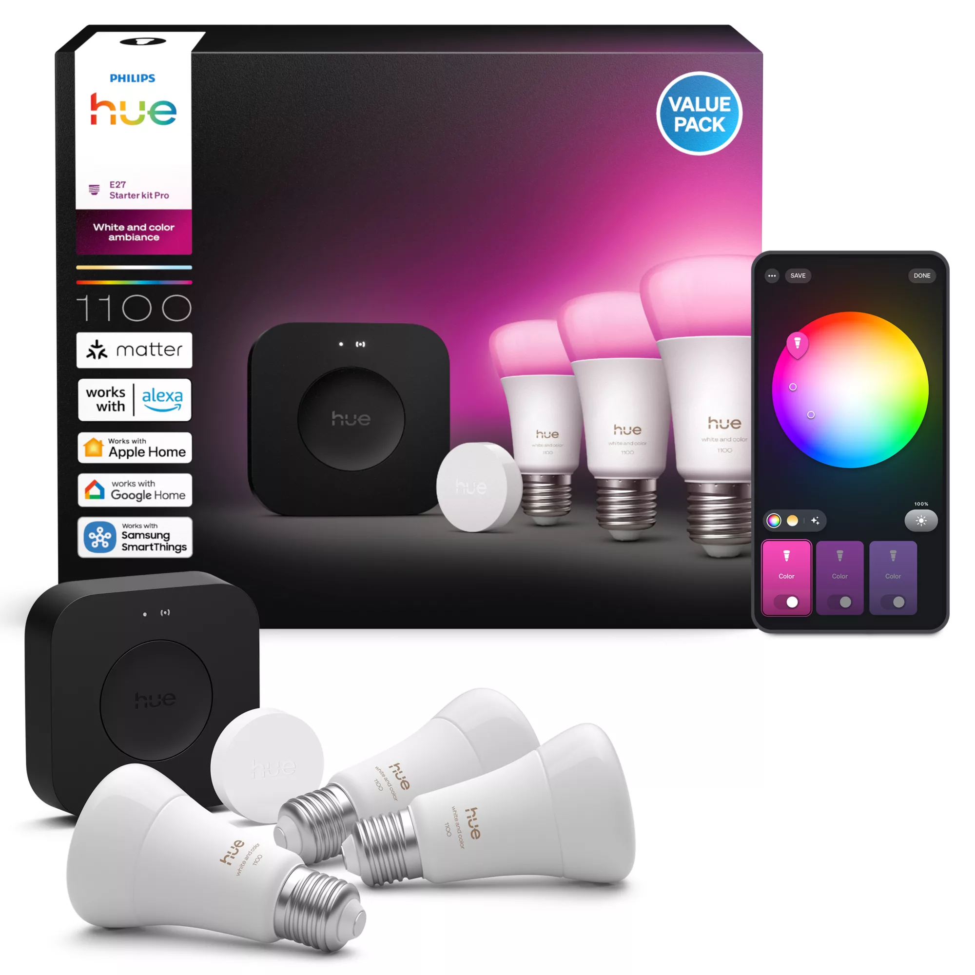 Philips by Signify Philips Hue White and colour ambience Starter kit: 3 E27 bulbs + Smart button + Bridge Pro – image 3