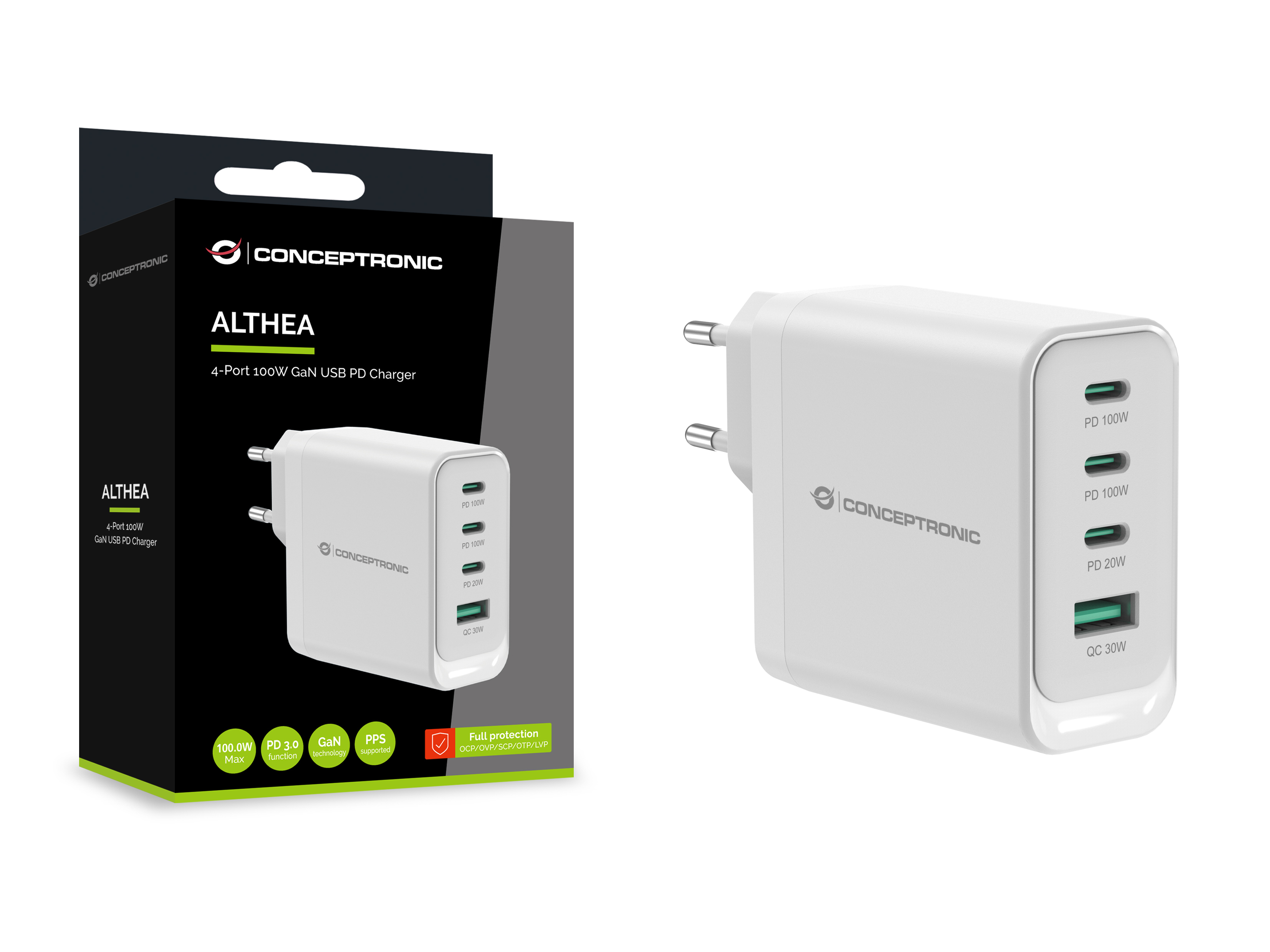 CONCEPTRONIC Ladegerät 4Port GaN 3xUSB-C/1xA100WPD3.0/PPS ws Ladegerät