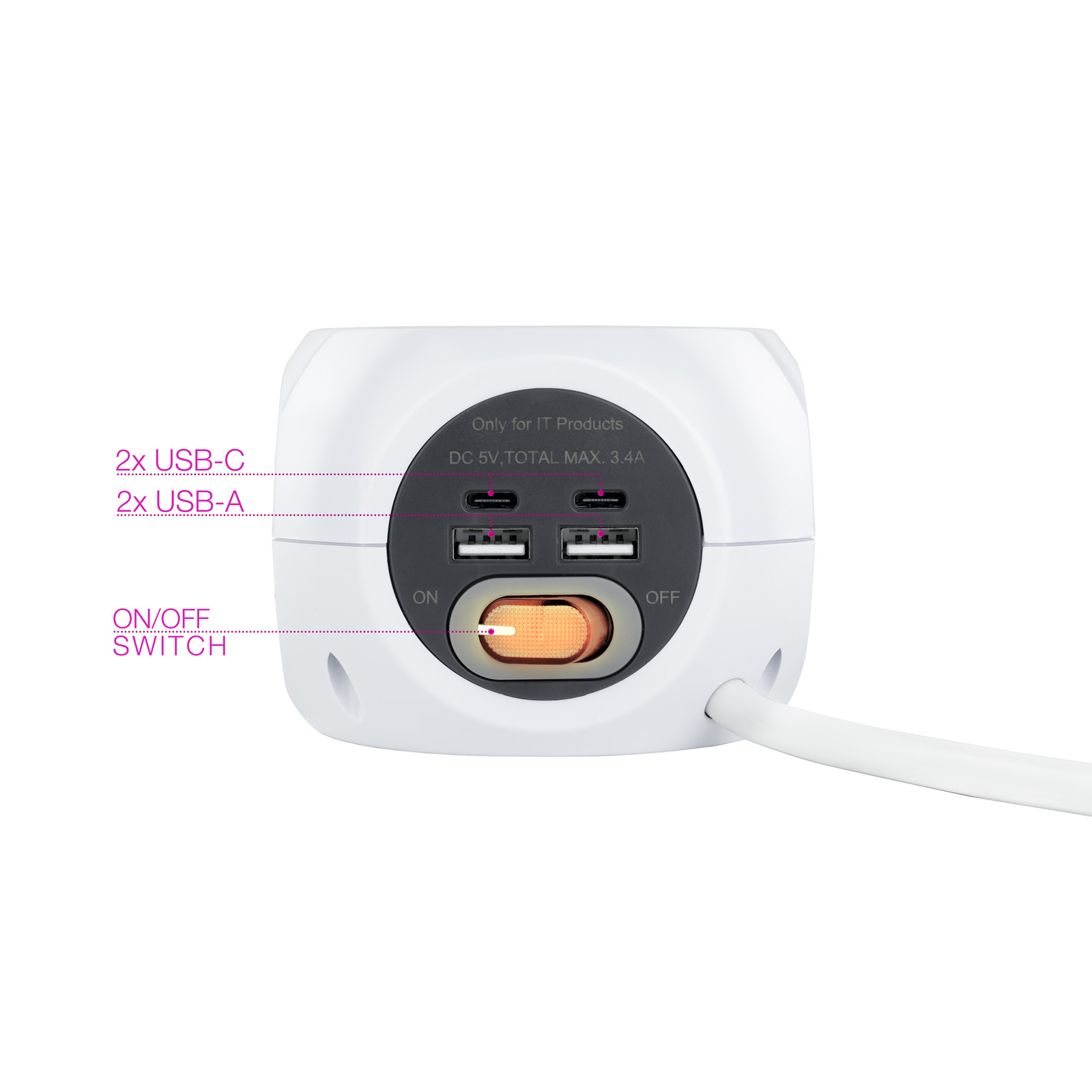 Nanocable 3-socket socket with 4 USB's (2 USB A + 2 USB-C) and wireless charging, with switch – image 3