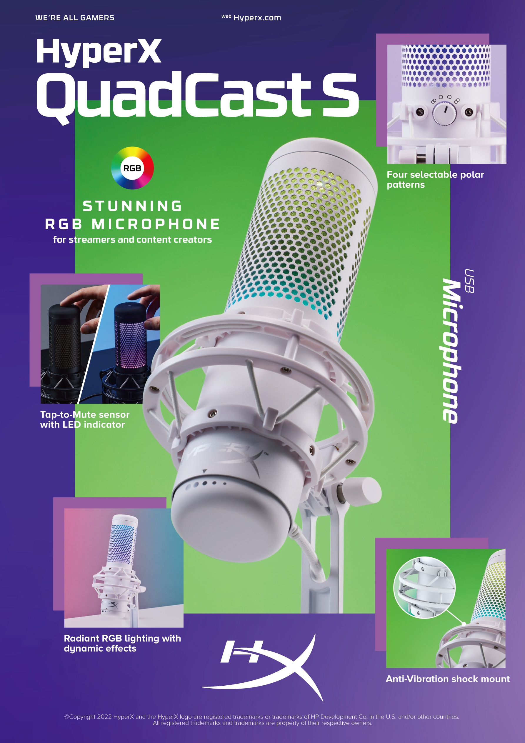 HyperX QuadCast S – USB Microphone (White-Grey) – RGB Lighting image 10