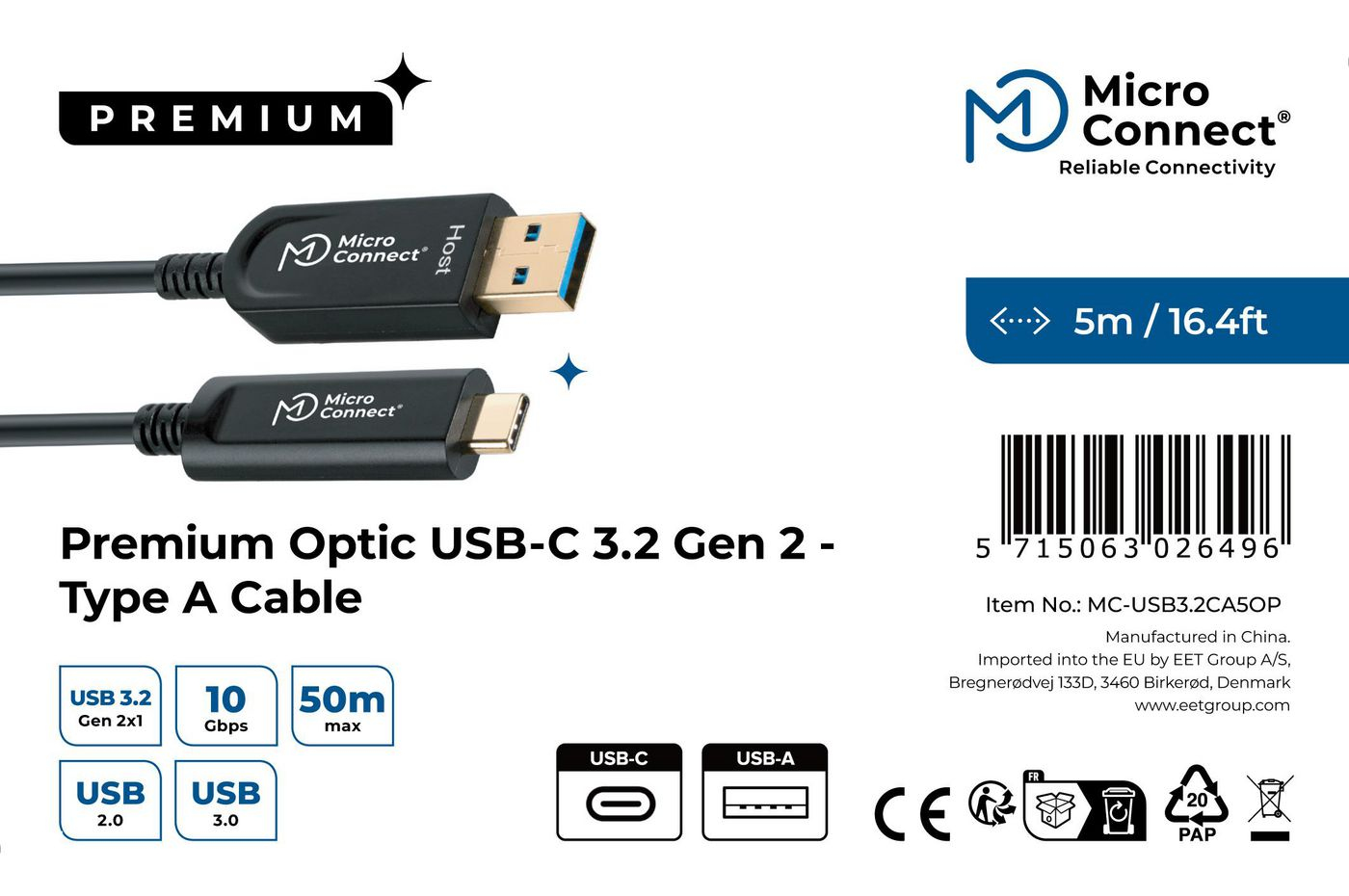 Resim Microconnect MC-USB3.2CA5OP USB-A - USB-C Kablo, 5m, USB 3.2 Gen 2, 10Gbps, Altın Kaplama, Siyah