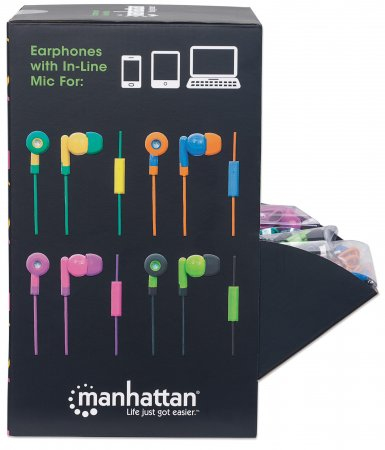 Manhattan x40 Earphones with In-Line Mic (Clearance Pricing), Counter Top Display Pack, x4 colour combinations: Teal/Yellow, Blue/Orange, Pink/Fuschia, Black/Gr – image 2