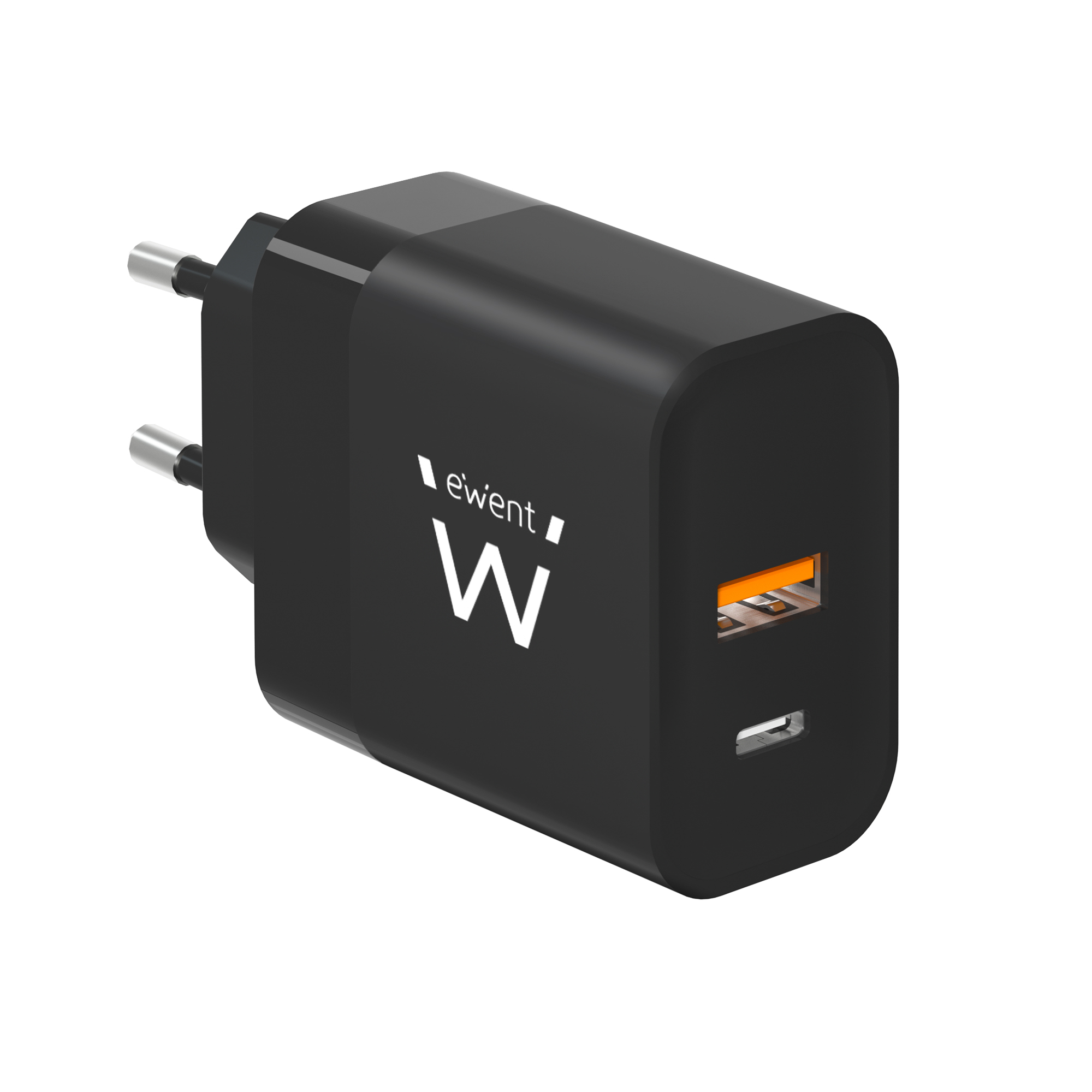 صورة شاحن Ewent EW1327 للأجهزة المحمولة، داخلي، تيار متردد، 20 فولت، 1x USB 2.0، 1x USB Type-C، أسود