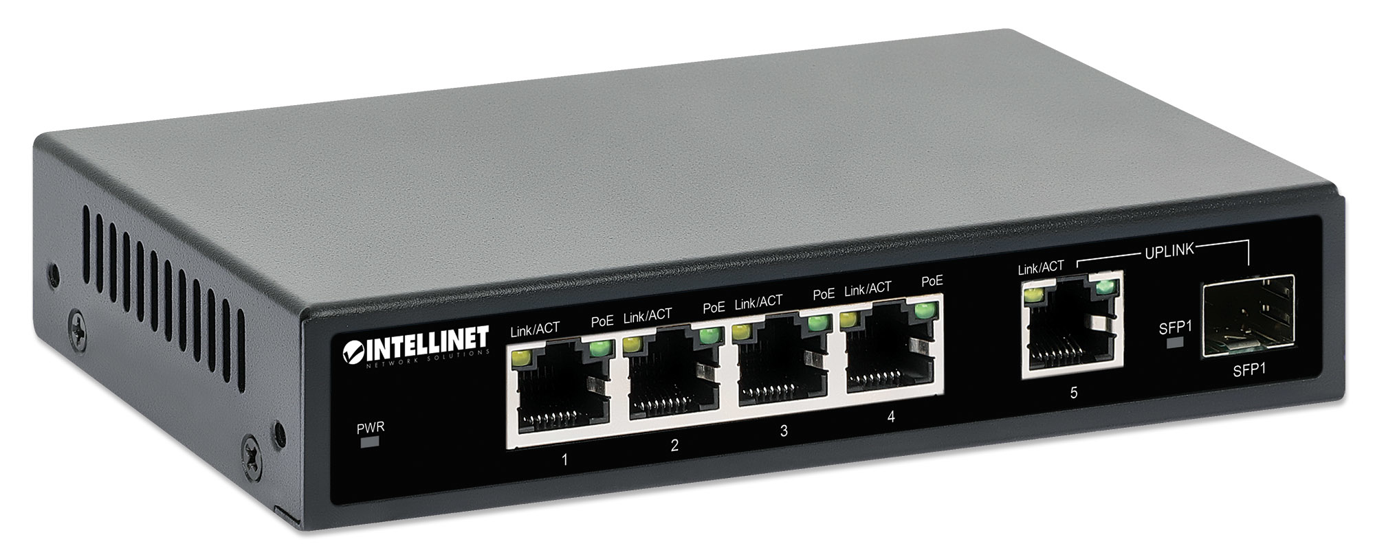 Intellinet 5-Port Gigabit Ethernet PoE+ Switch with SFP Port, Four PSE PoE Ports, IEEE 802.3at/af (PoE+/PoE) Compliant, PoE Power Budget of – image 2
