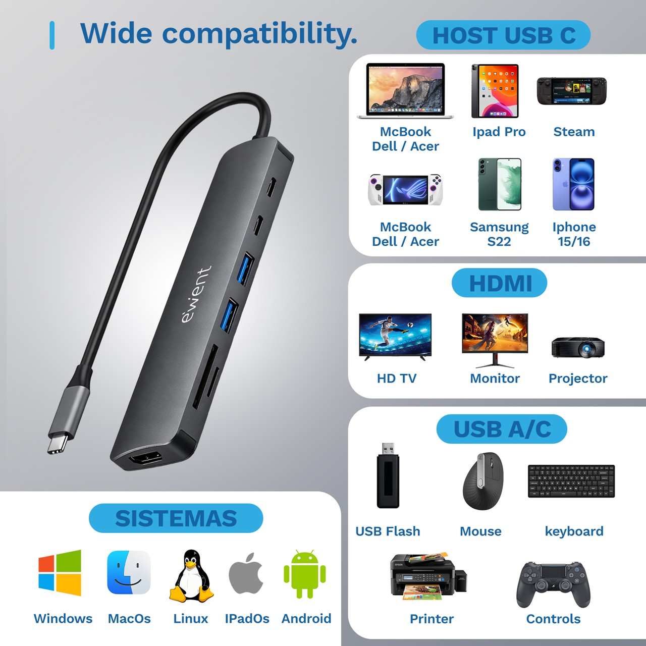 Ewent EW1152 laptop dock/port replicator Wired USB 3.2 Gen 1 (3.1 Gen 1) Type-C Grey – image 7