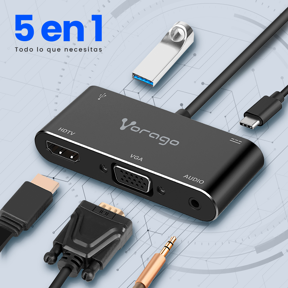 Adaptador Vorago ADP-350 - USB C a HDMI, VGA, 3.5mm, USB 3.0 y USB Tipo C - Negro - ADP-350 Adaptador Vorago ADP-350 - USB C a HDMI, VGA, 3.5mm, USB 3.0 y USB Tipo C - Negro - ADP-350