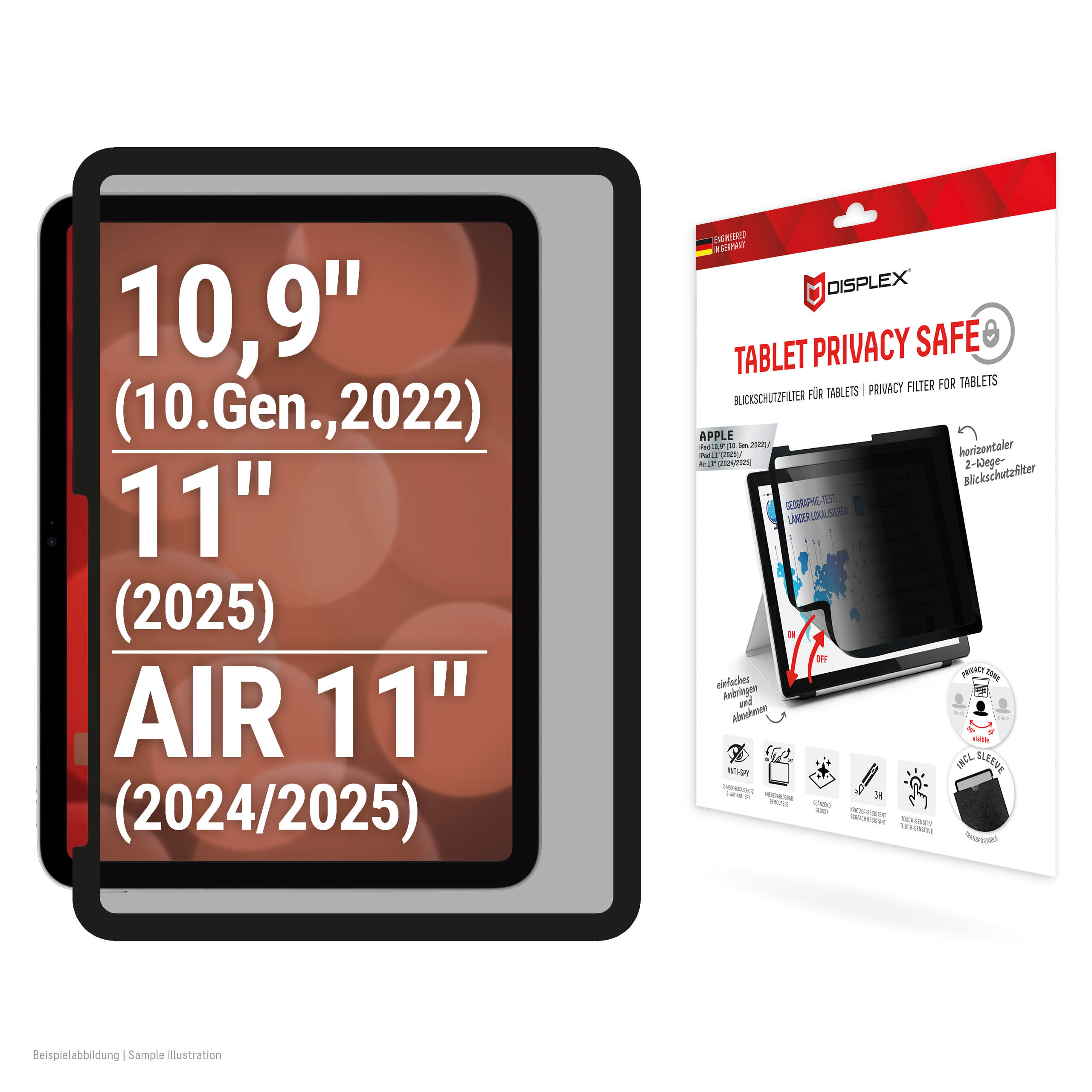 Displex TABLET PRIVACY SAFE removable 2-way privacy filter for iPad 10,9"(10.)/11" (2025)/Air 11"(2024/2025)