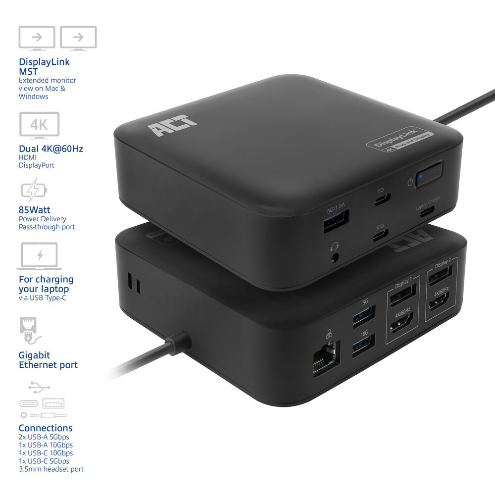 ACT Universal USB-C Docking Station 4K, for 2 HDMI/DisplayPort monitors, DisplayLink, compact design – image 2