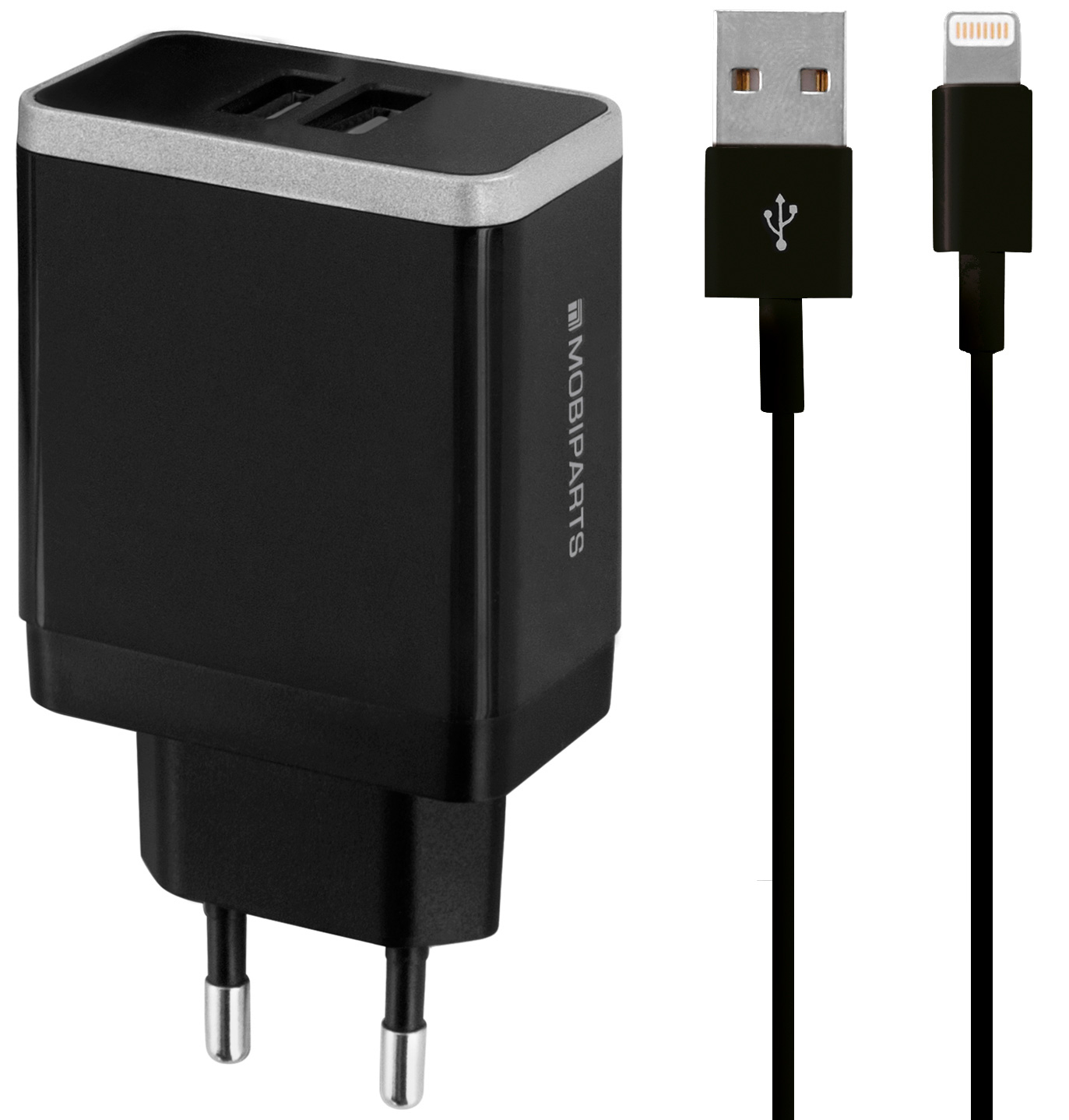 Mobiparts Wall Charger Dual USB 4.8A + Lightning Cable Black