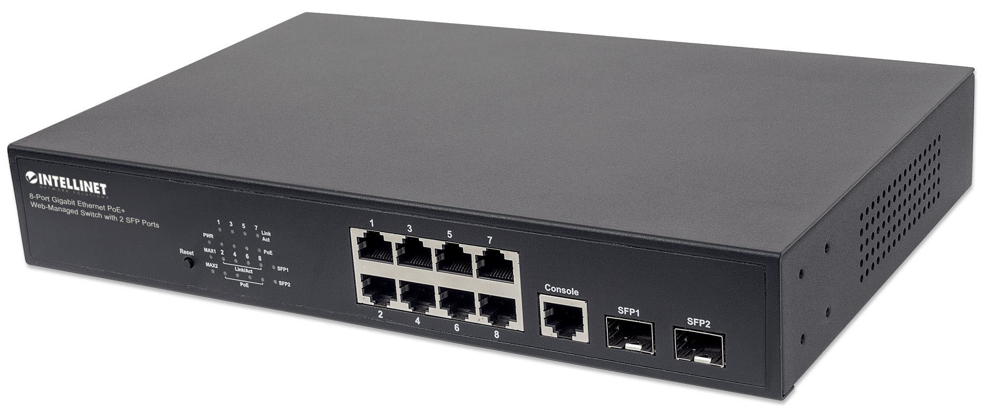 Intellinet 8-Port Gigabit Ethernet PoE+ Web-Managed Switch with 2 SFP Ports, IEEE 802.3at/af Power over Ethernet (PoE+/PoE) Compliant – image 1