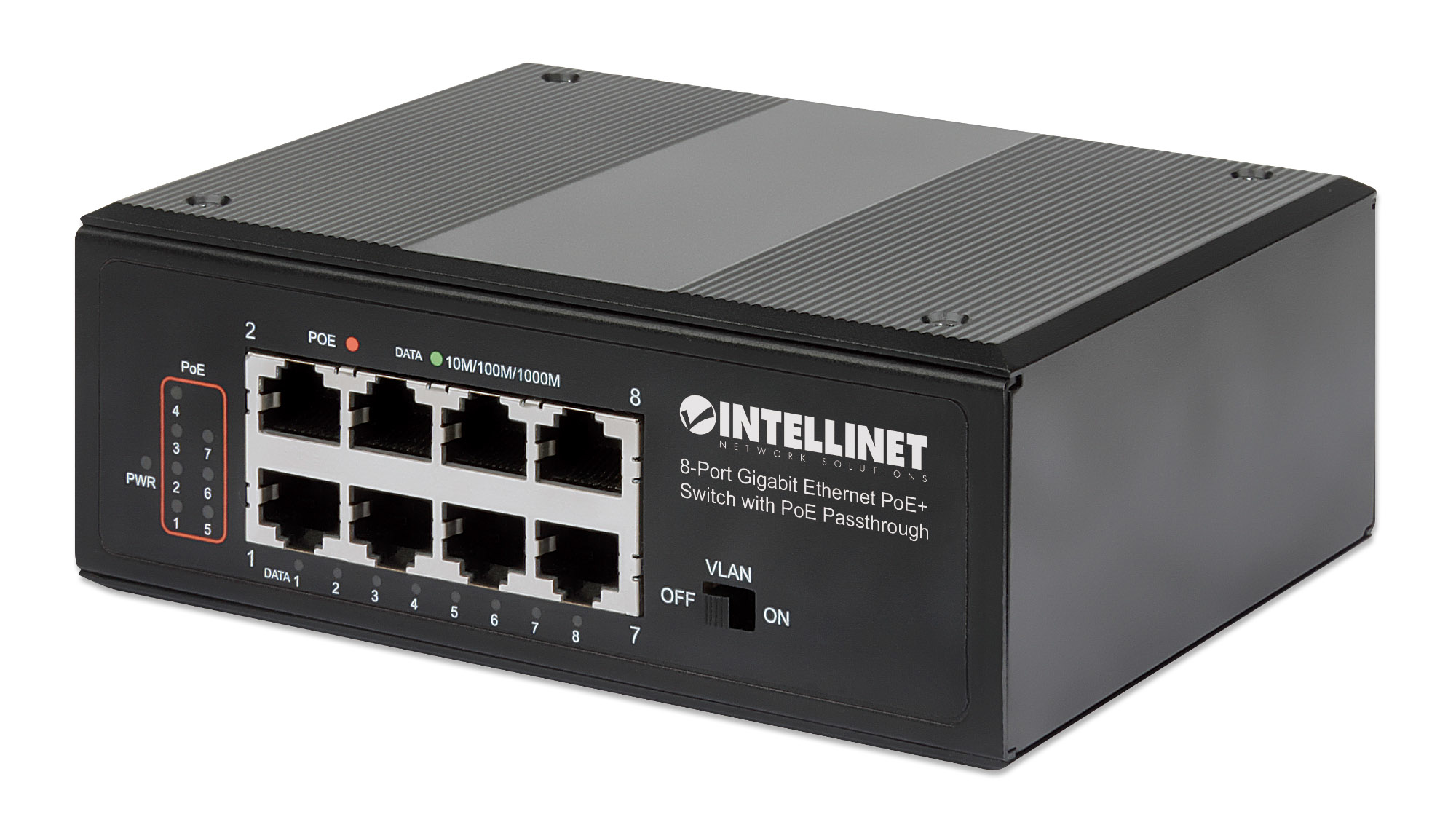 Intellinet 8-Port Gigabit Ethernet PoE+ Industrial Switch with PoE Passthrough, One PD PoE Port with