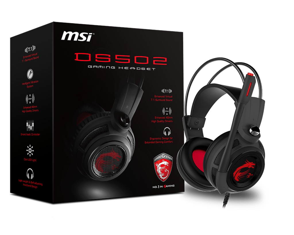 MSI DS502 7.1 Virtual Surround Sound Gaming Headset 'Black with Ambient Dragon Logo, Wired USB connector – image 2