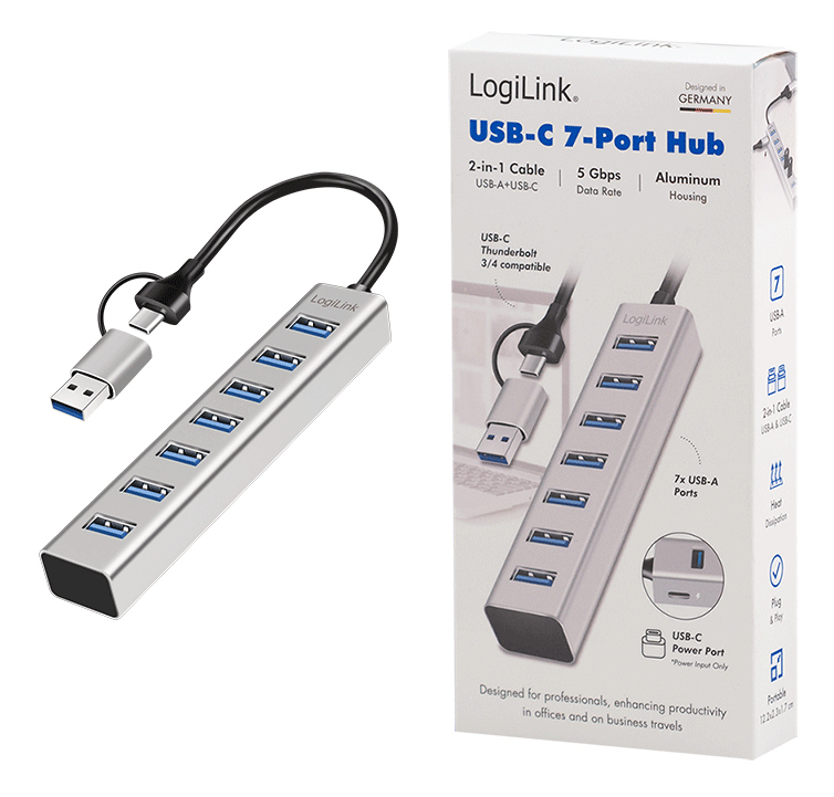 LogiLink USB 3.0 hub, 4x USB-A, 5 Gbit/s, 2-in-1 connection cable, silver – image 4